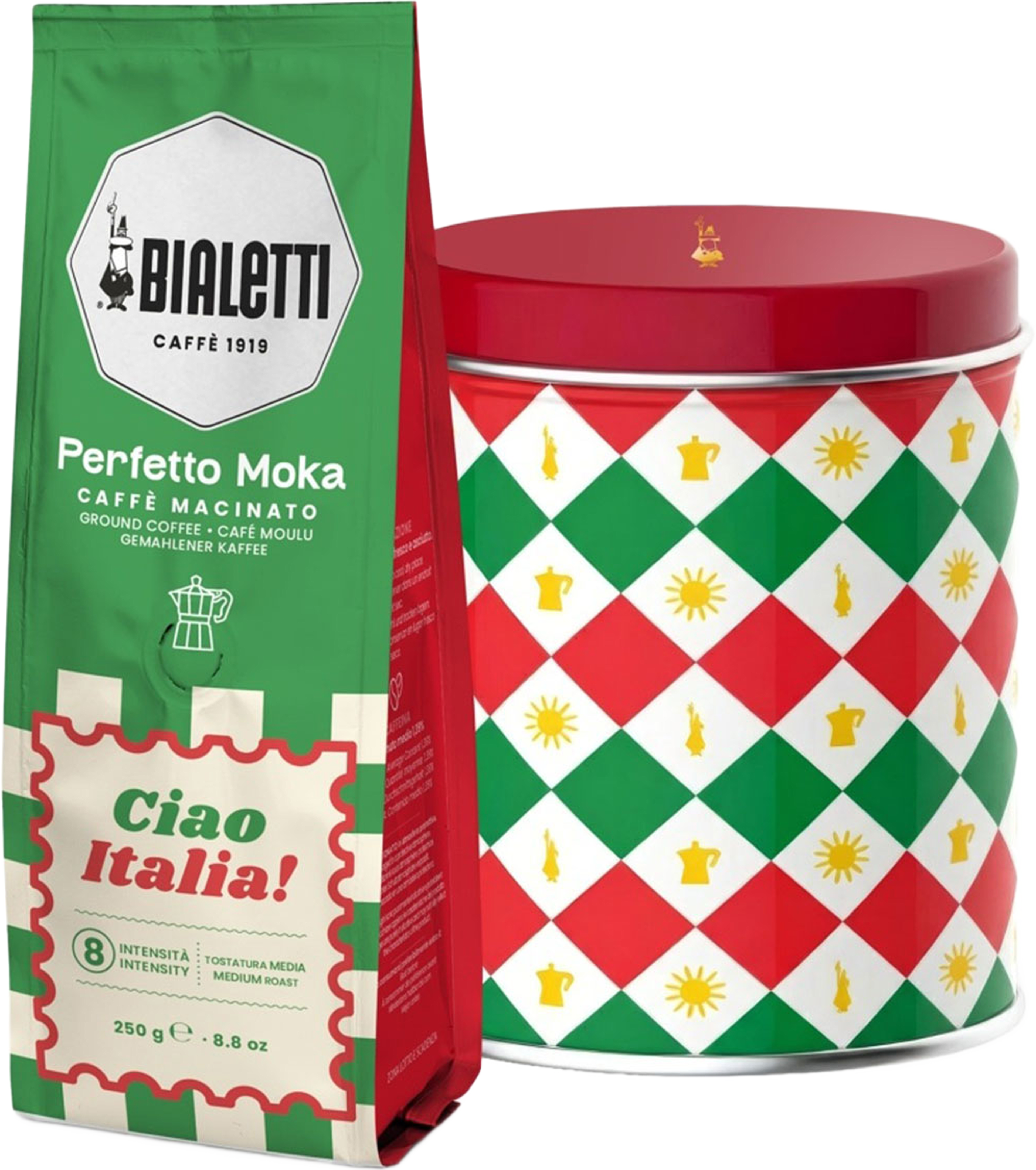 Kaffeburk Malet ITALIA DAMIER 250gr, från Bialetti, i färgen Red/White/Green. Klicka för att öppna bilden i stort format