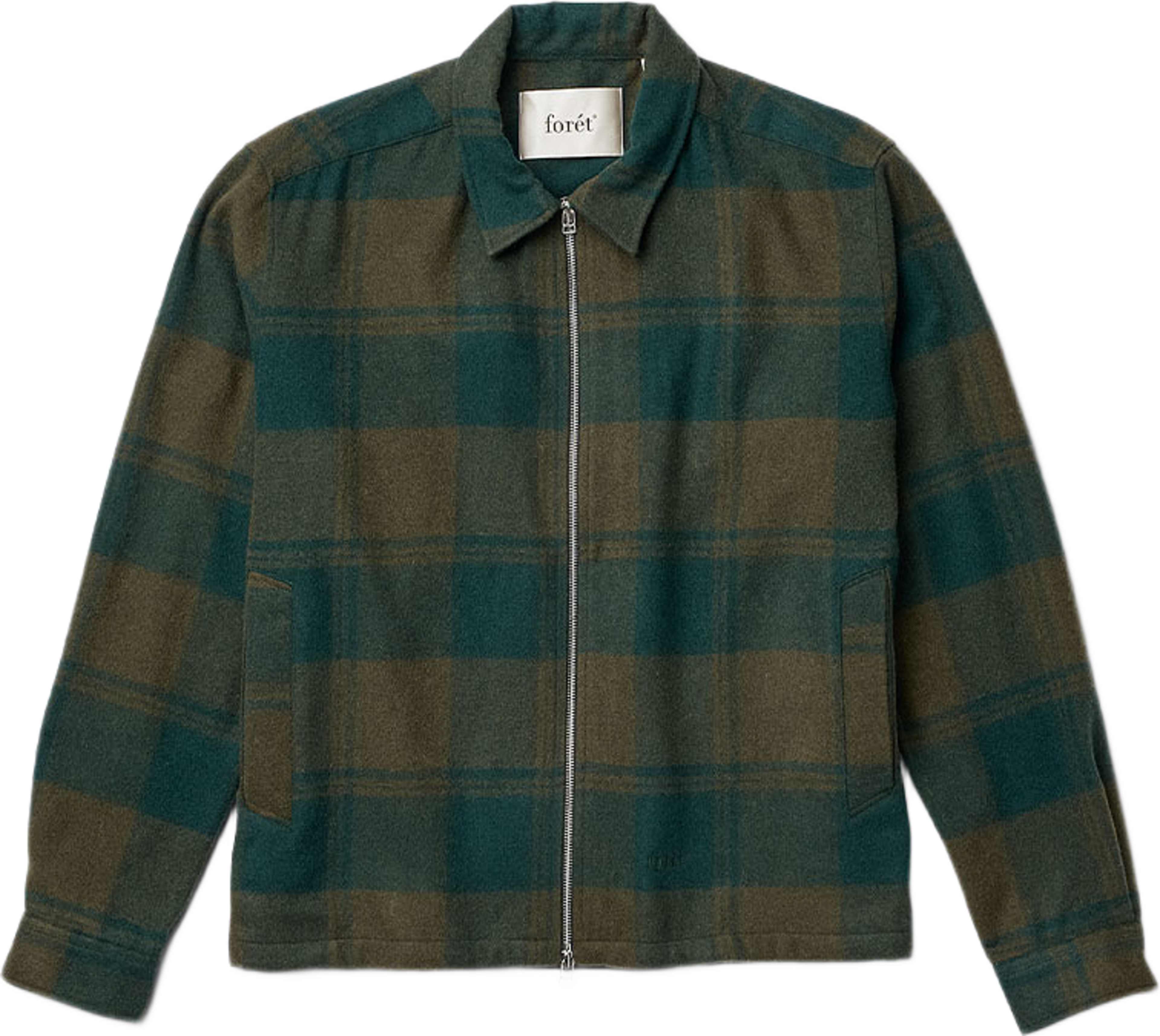 Raven Wool Zip Overshirt, från Forét, i färgen Dark Green Check. Klicka för att öppna bilden i stort format