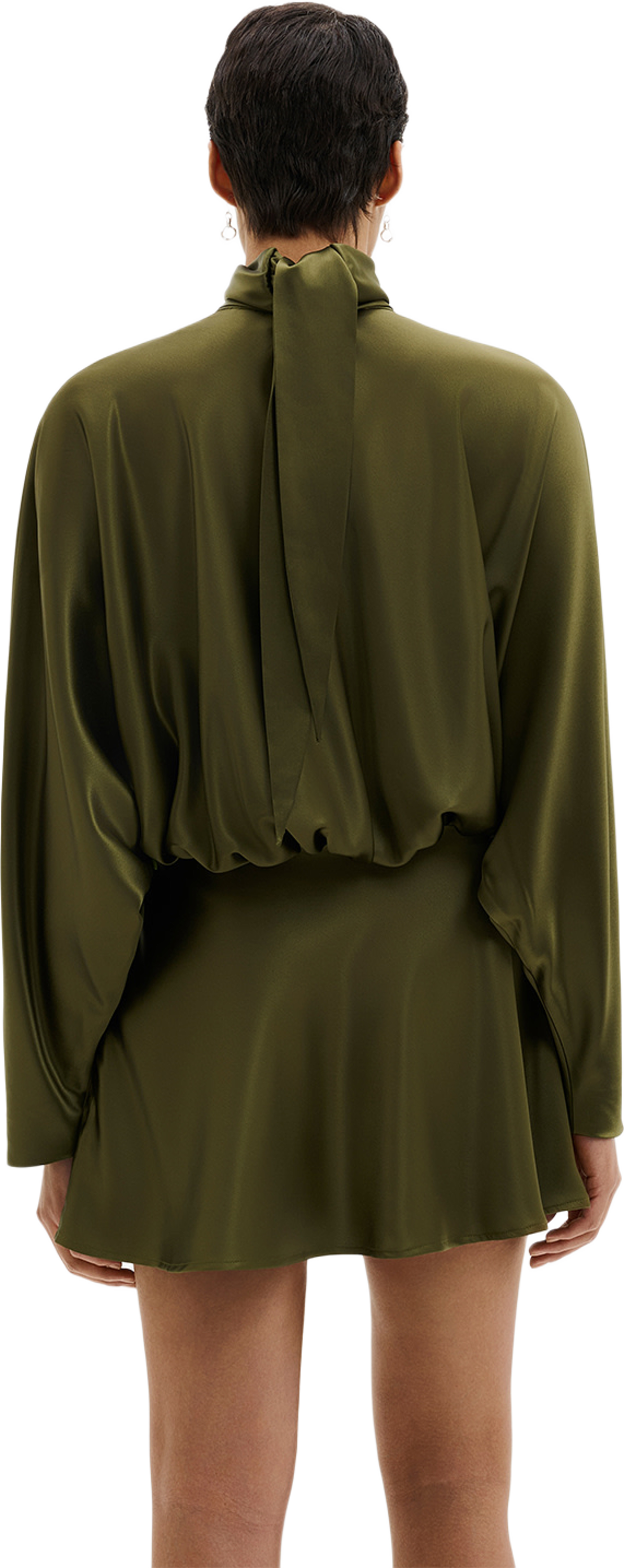 Vilja Satin Blouson Mini dress, från Malina, i färgen Moss Green. Klicka för att öppna bilden i stort format