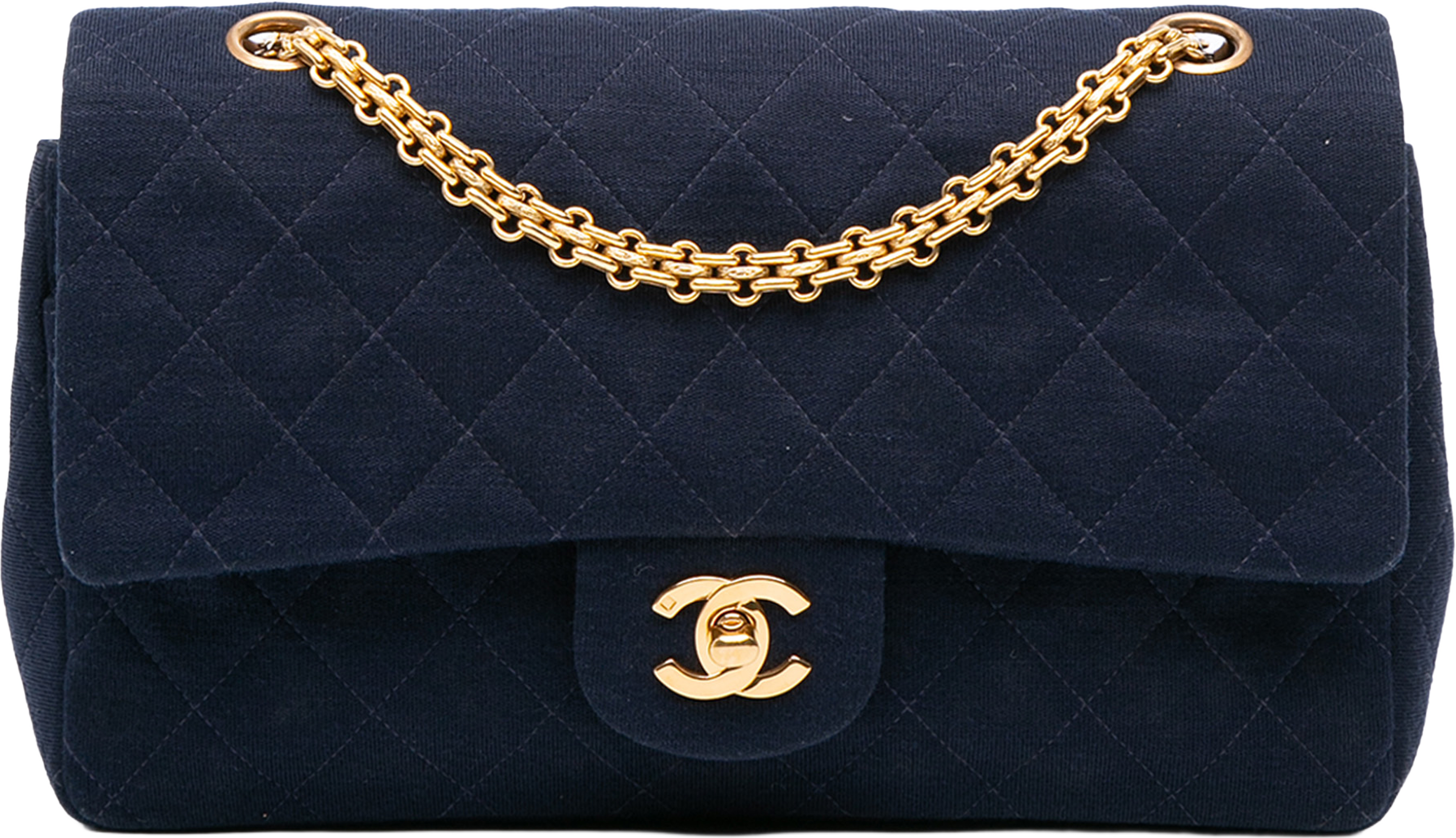 Chanel Medium Classic Jersey Double Flap, från Luxclusif, i färgen dark blue. Klicka för att öppna bilden i stort format
