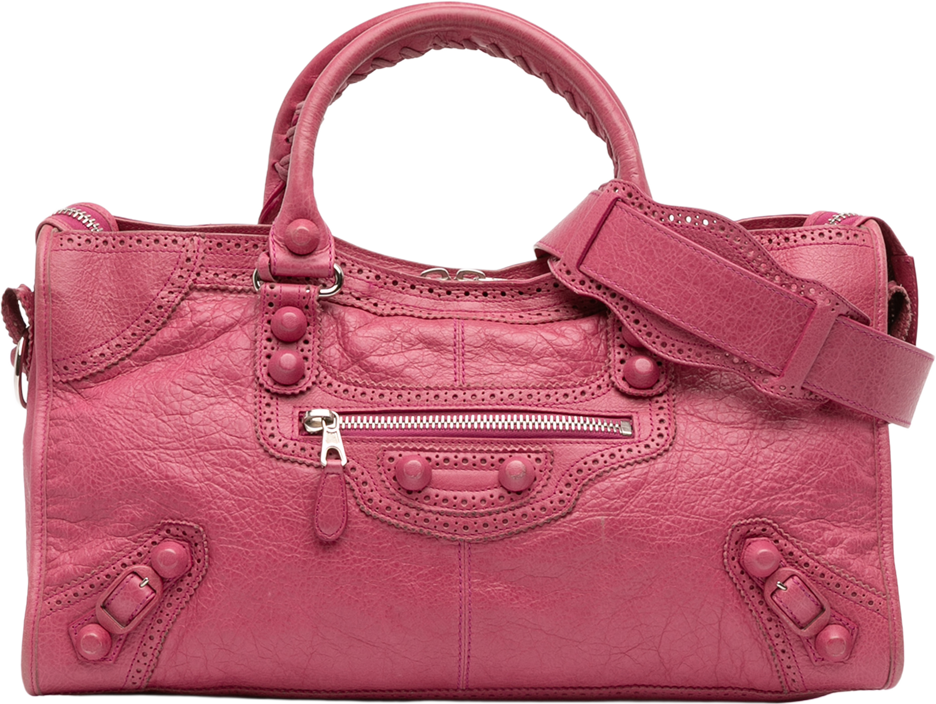 Balenciaga Lambskin Motocross Giant Brogues Part Time Satchel, från Luxclusif, i färgen pink. Klicka för att öppna bilden i stort format