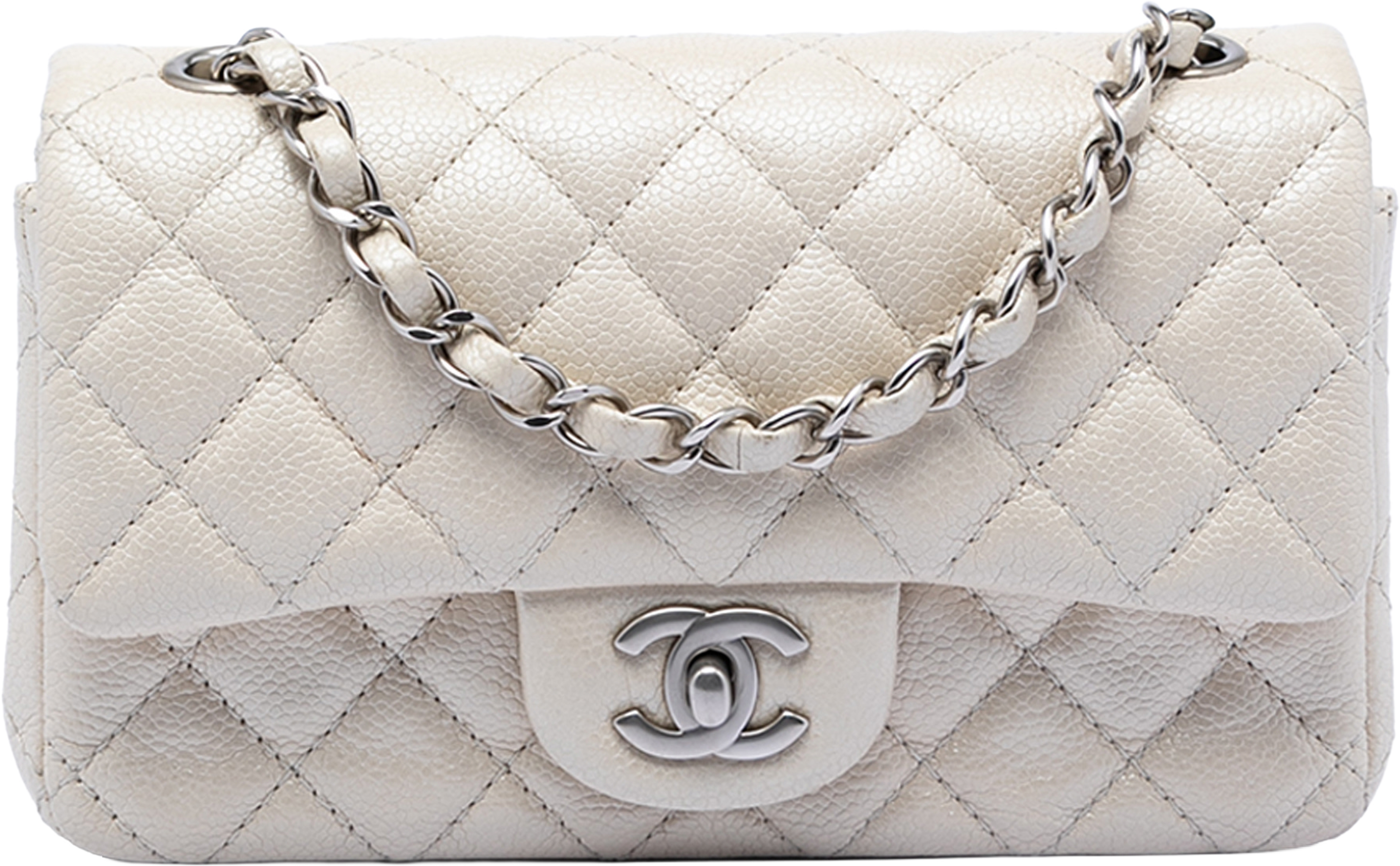 Chanel Mini Rectangular Classic Caviar Single Flap, från Luxclusif, i färgen ivory. Klicka för att öppna bilden i stort format