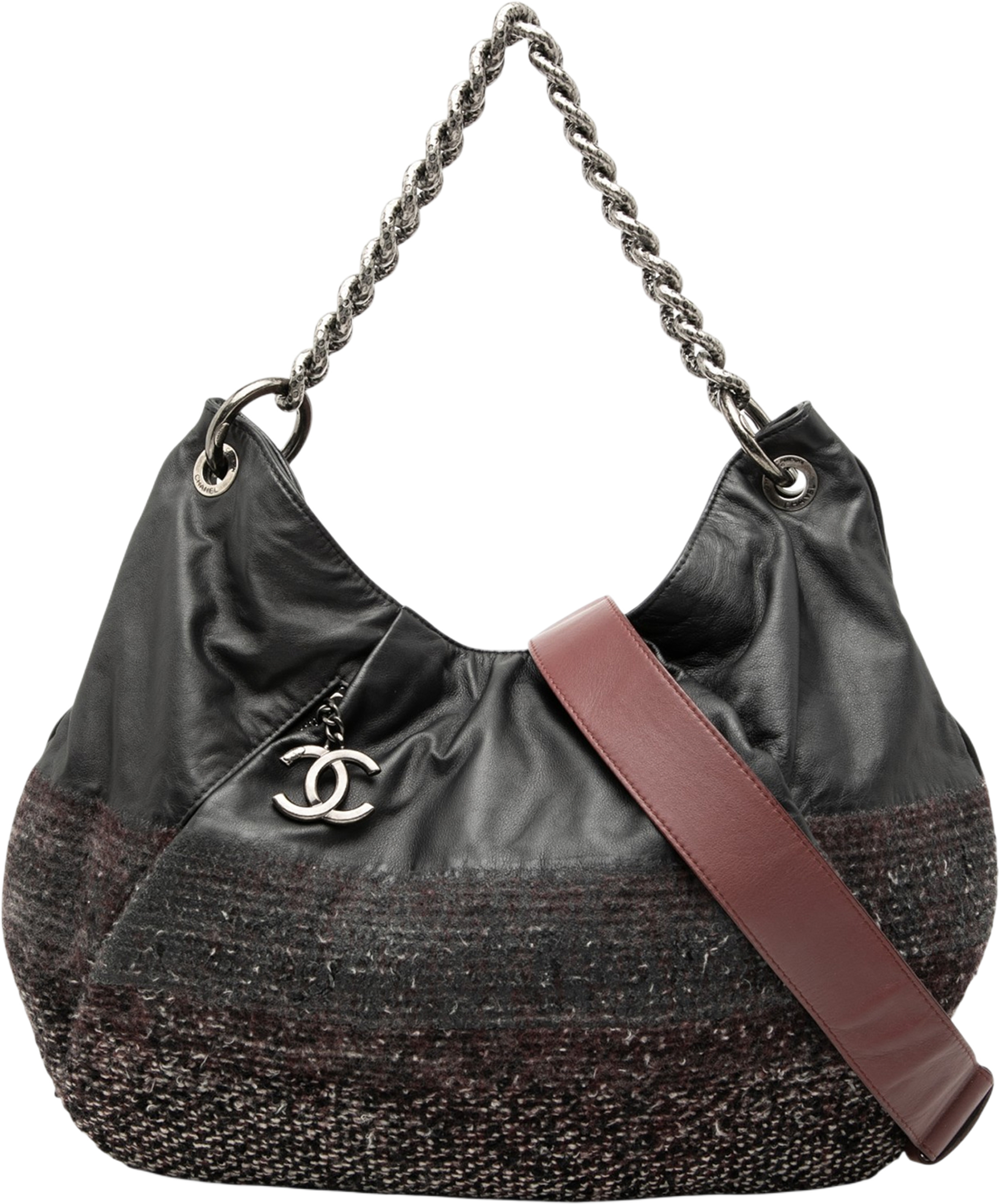 Chanel Lambskin And Tweed Coco Pleats Hobo, från Luxclusif, i färgen black. Klicka för att öppna bilden i stort format