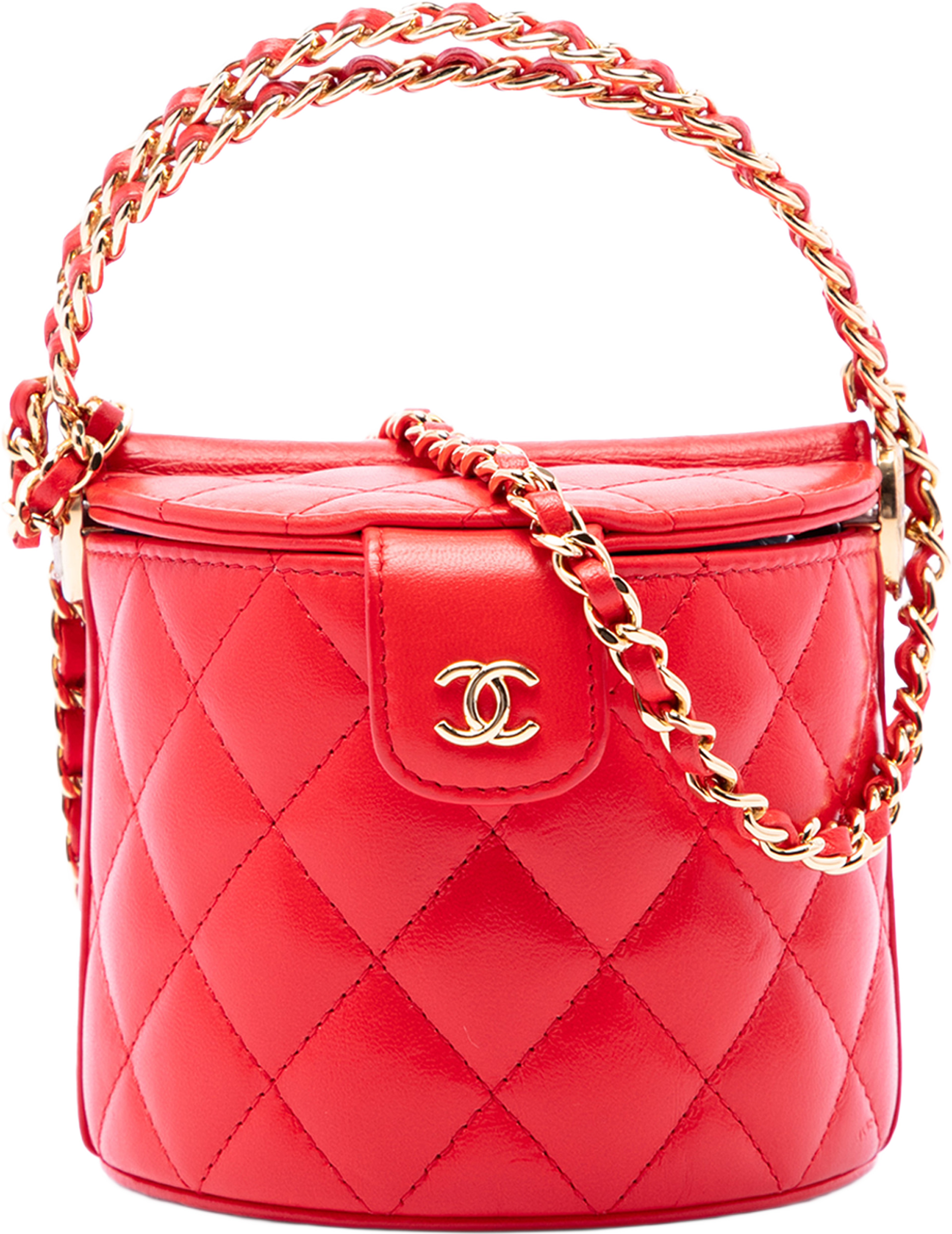 Chanel Cc Quilted Lambskin Top Handle Round Vanity Case With Chain, från Luxclusif, i färgen röd. Klicka för att öppna bilden i stort format