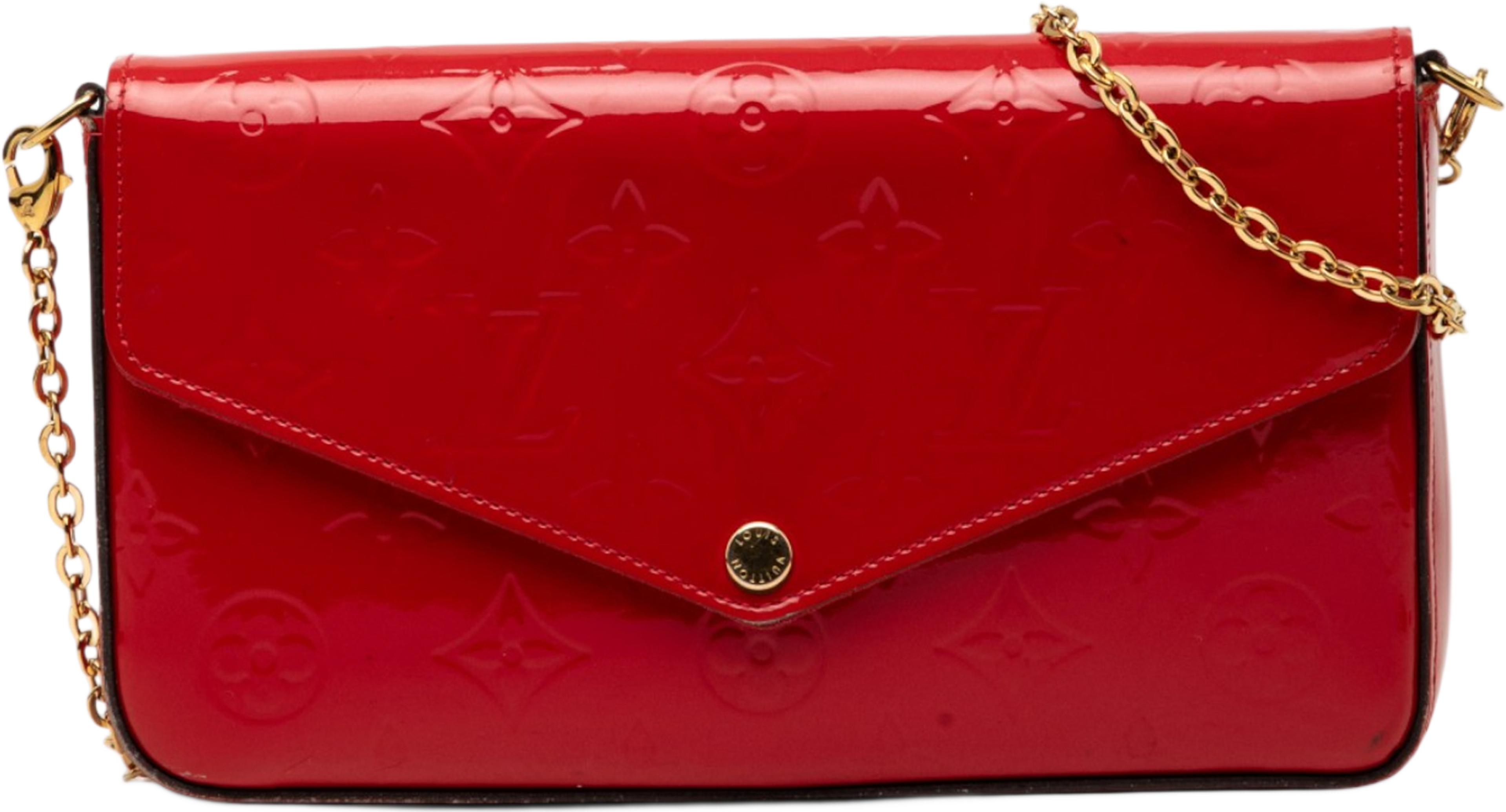 Louis Vuitton Monogram Vernis Pochette Felicie, från Luxclusif, i färgen red. Klicka för att öppna bilden i stort format