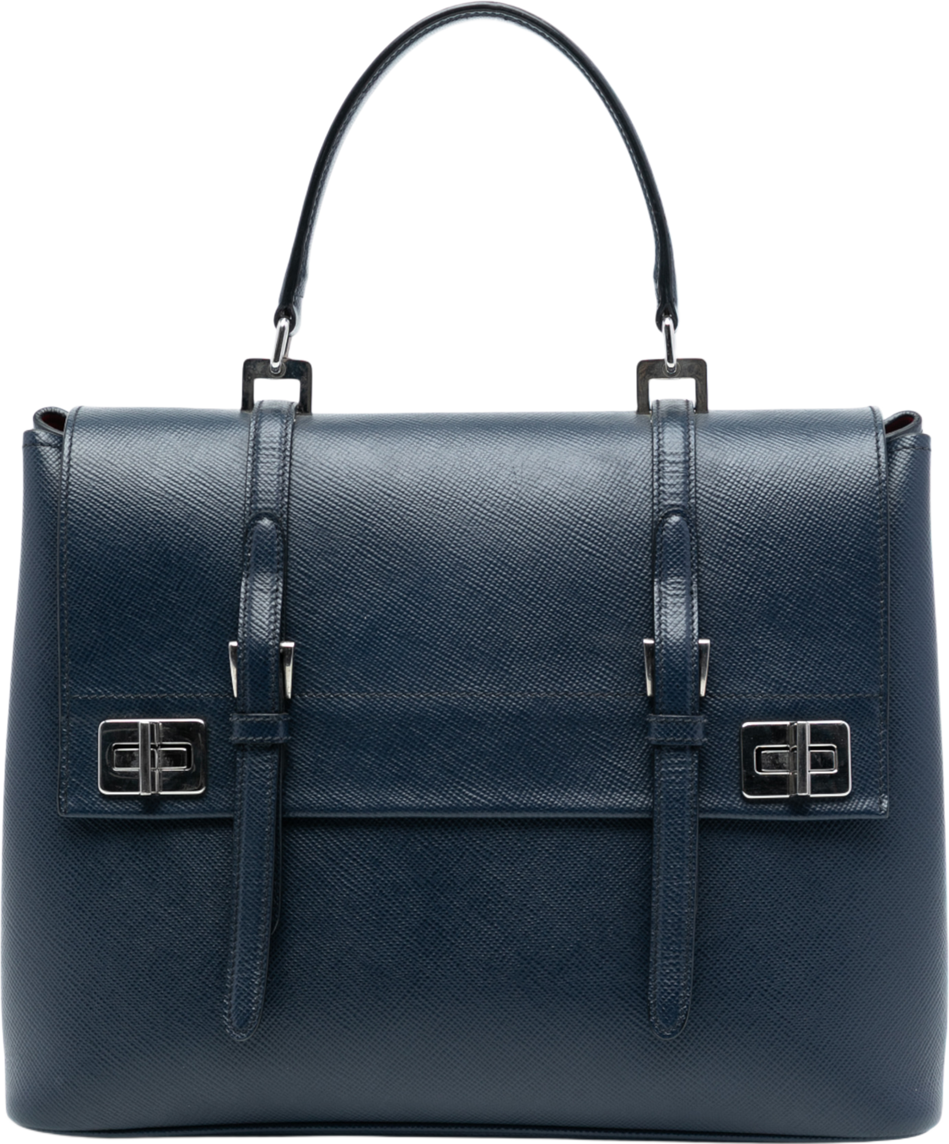 Prada Saffiano Cuir Double Turnlock Satchel, från Luxclusif, i färgen navy. Klicka för att öppna bilden i stort format