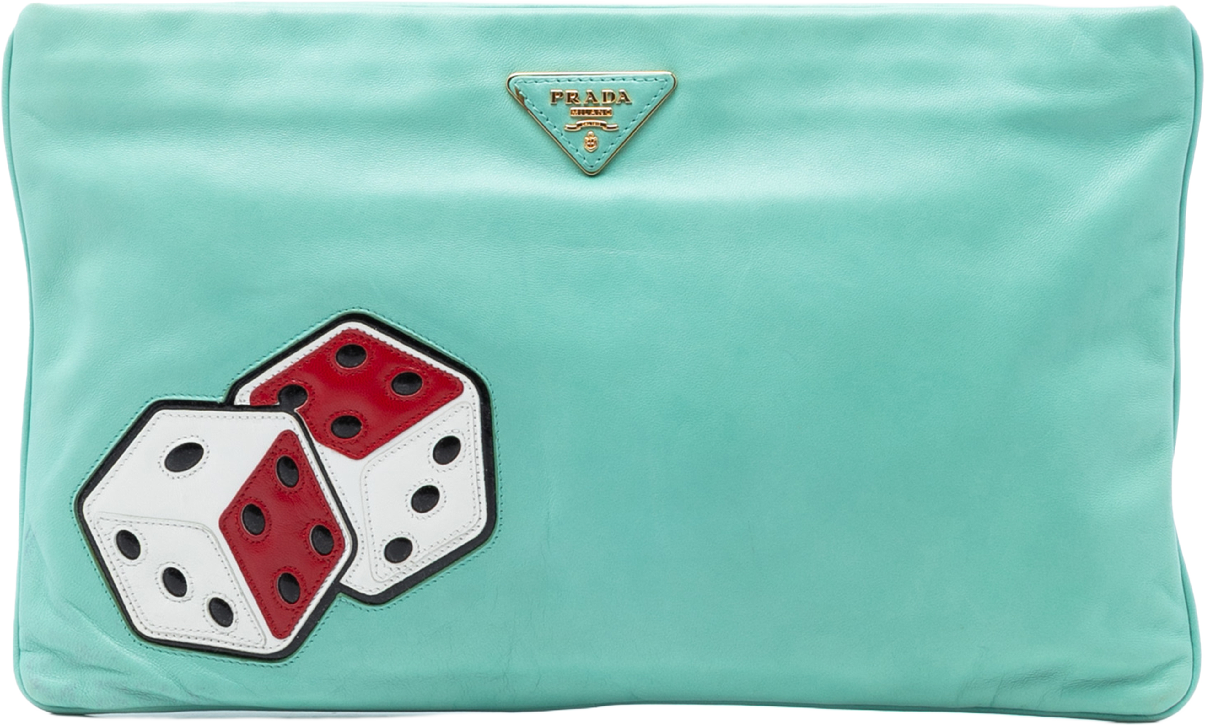 Prada Nappa Dice Clutch, från Luxclusif, i färgen light green. Klicka för att öppna bilden i stort format