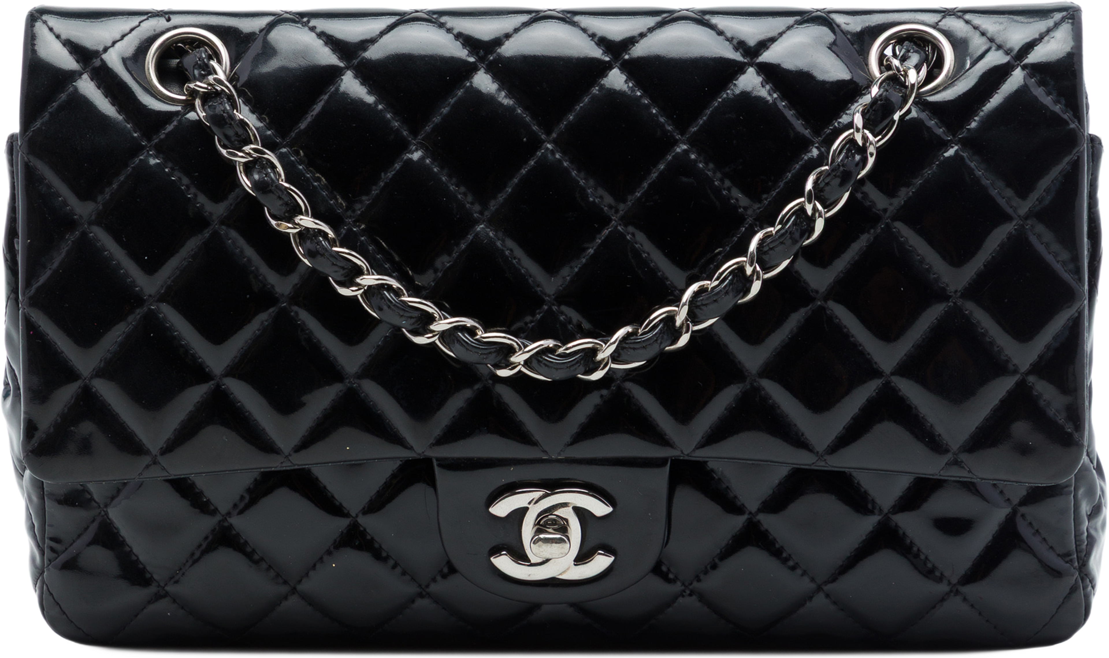 Chanel Medium Classic Patent Double Flap, från Luxclusif, i färgen svart. Klicka för att öppna bilden i stort format