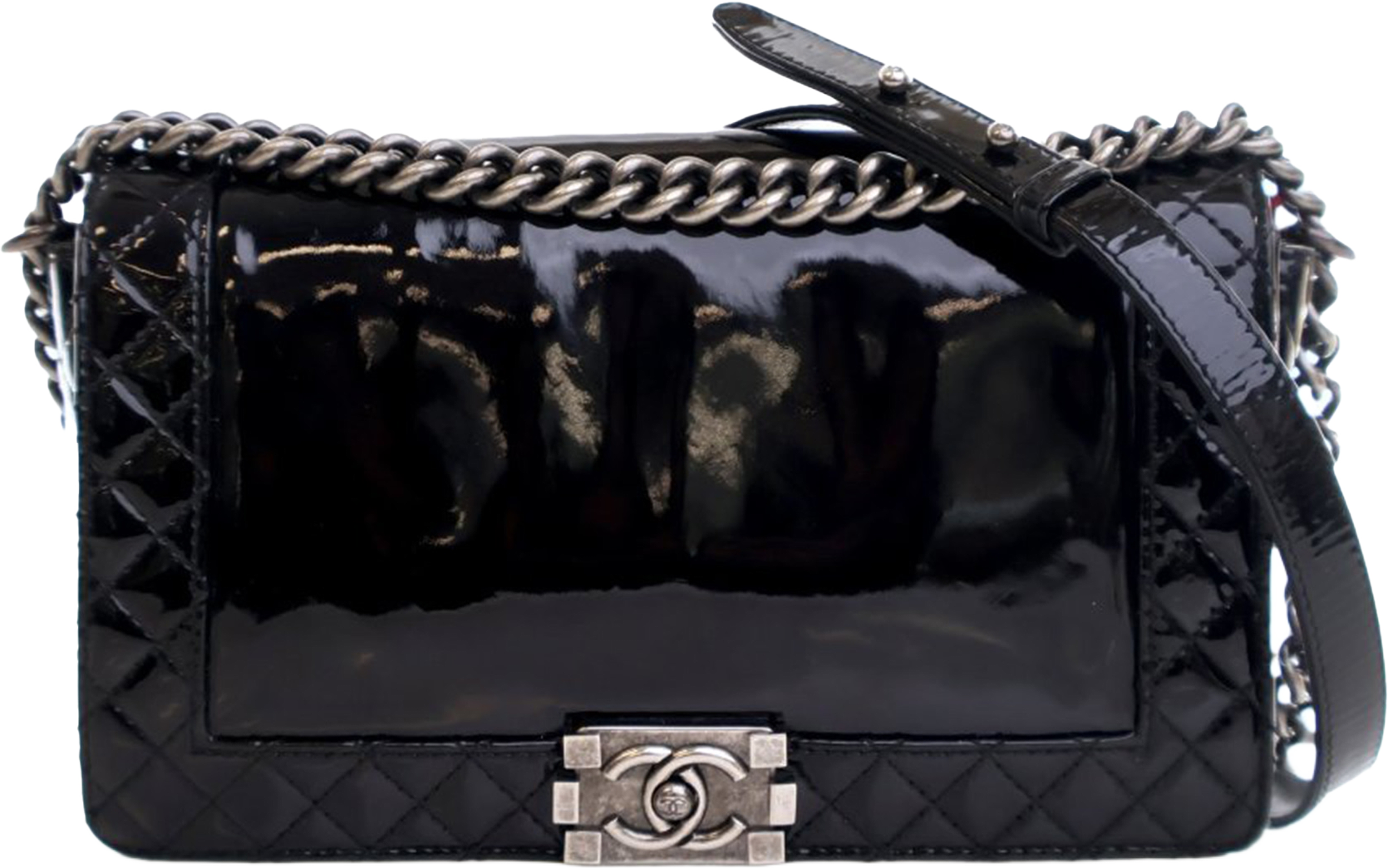 Chanel Medium Patent Boy Reverso Flap, från Luxclusif, i färgen black. Klicka för att öppna bilden i stort format