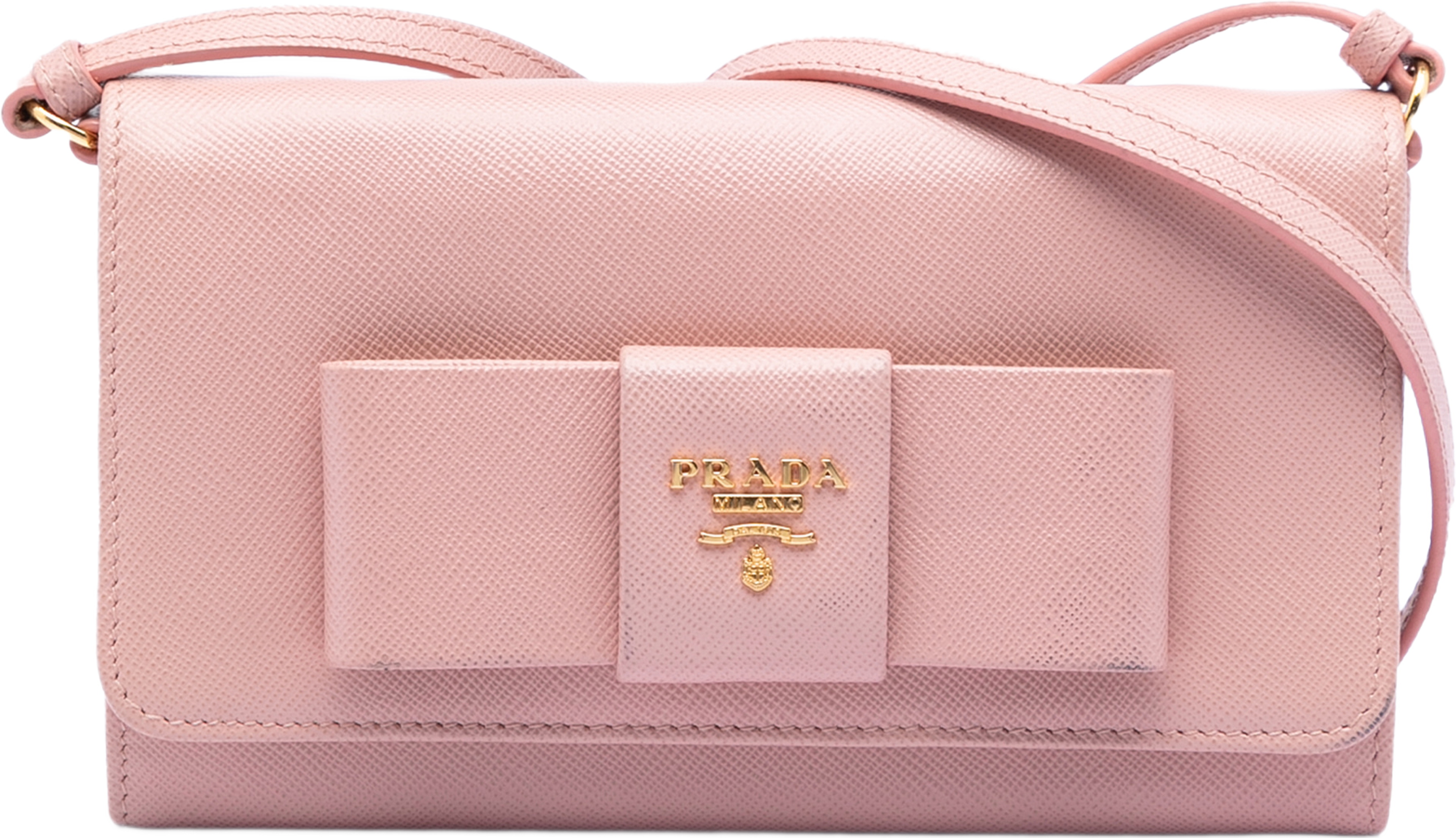 Prada Saffiano Lux Bow Wallet On Strap, från Luxclusif, i färgen light pink. Klicka för att öppna bilden i stort format