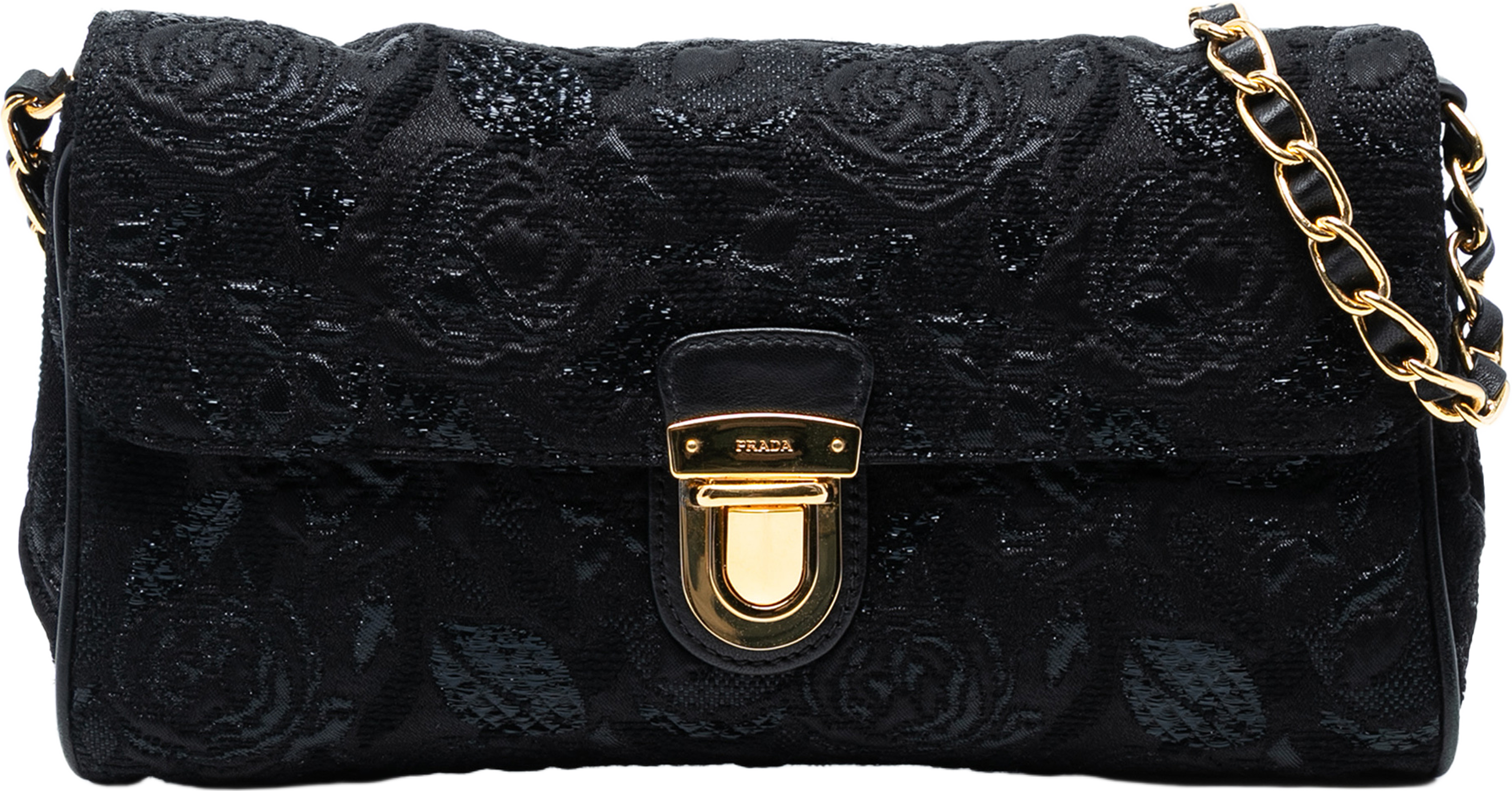 Prada Tessuto Lurex Flap Crossbody, från Luxclusif, i färgen black. Klicka för att öppna bilden i stort format