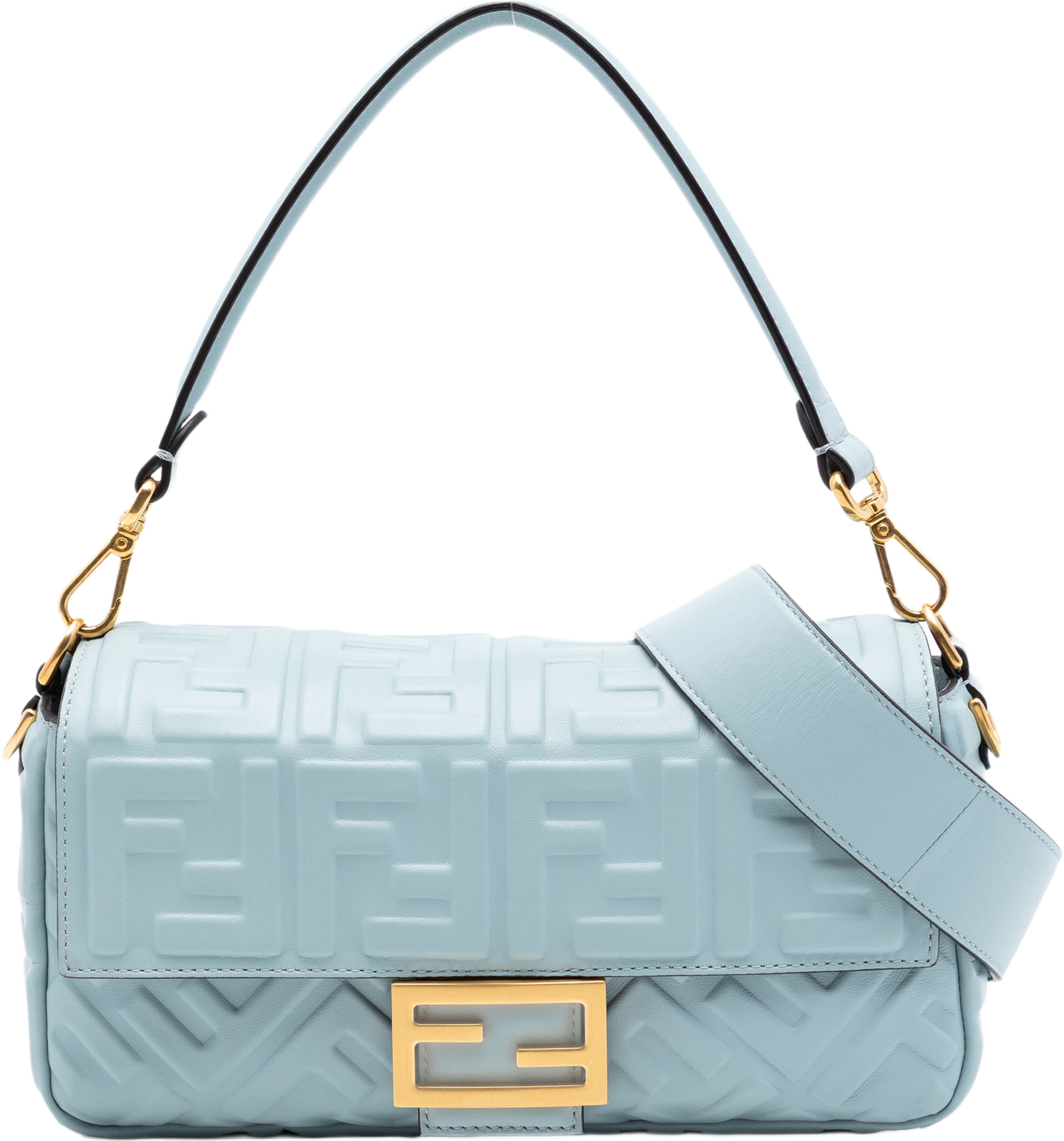 Fendi Zucca Embossed Leather Baguette Satchel, från Luxclusif, i färgen light blue. Klicka för att öppna bilden i stort format