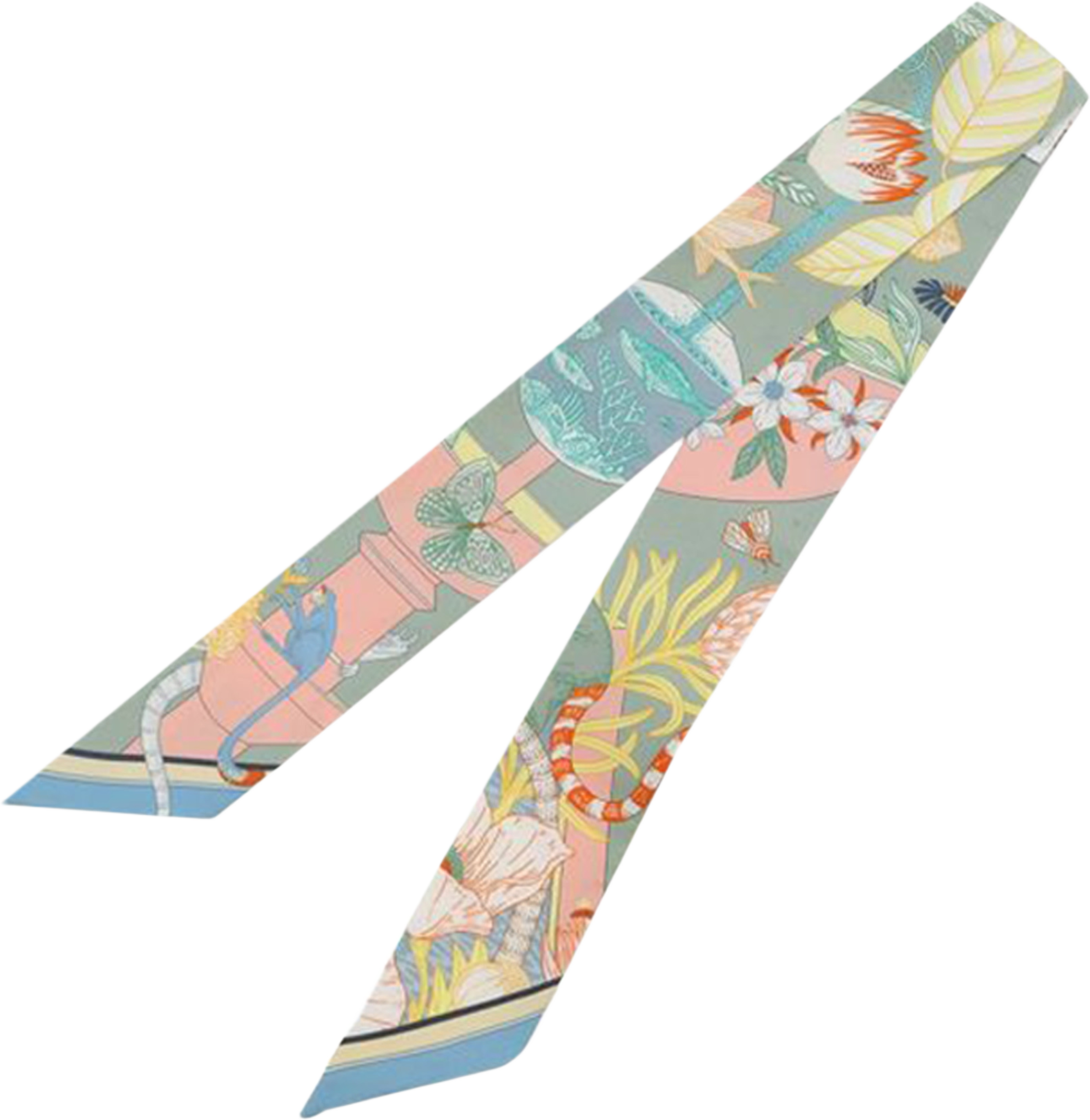 Hermès Precious Paradise Silk Twilly Scarf, från Luxclusif, i färgen light blue. Klicka för att öppna bilden i stort format