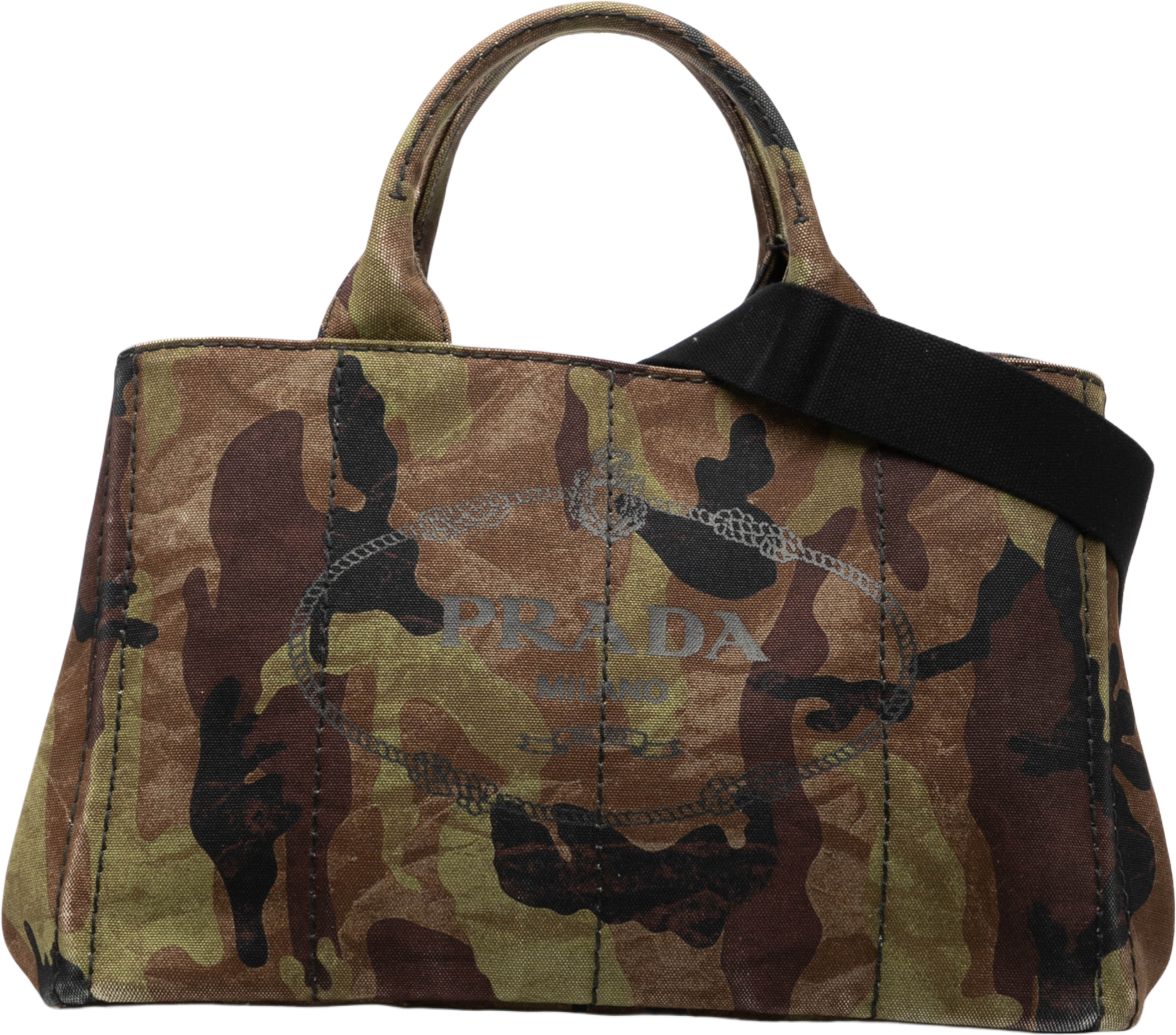 Prada Canvas Canapa Logo Camouflage Satchel, från Luxclusif, i färgen khaki. Klicka för att öppna bilden i stort format