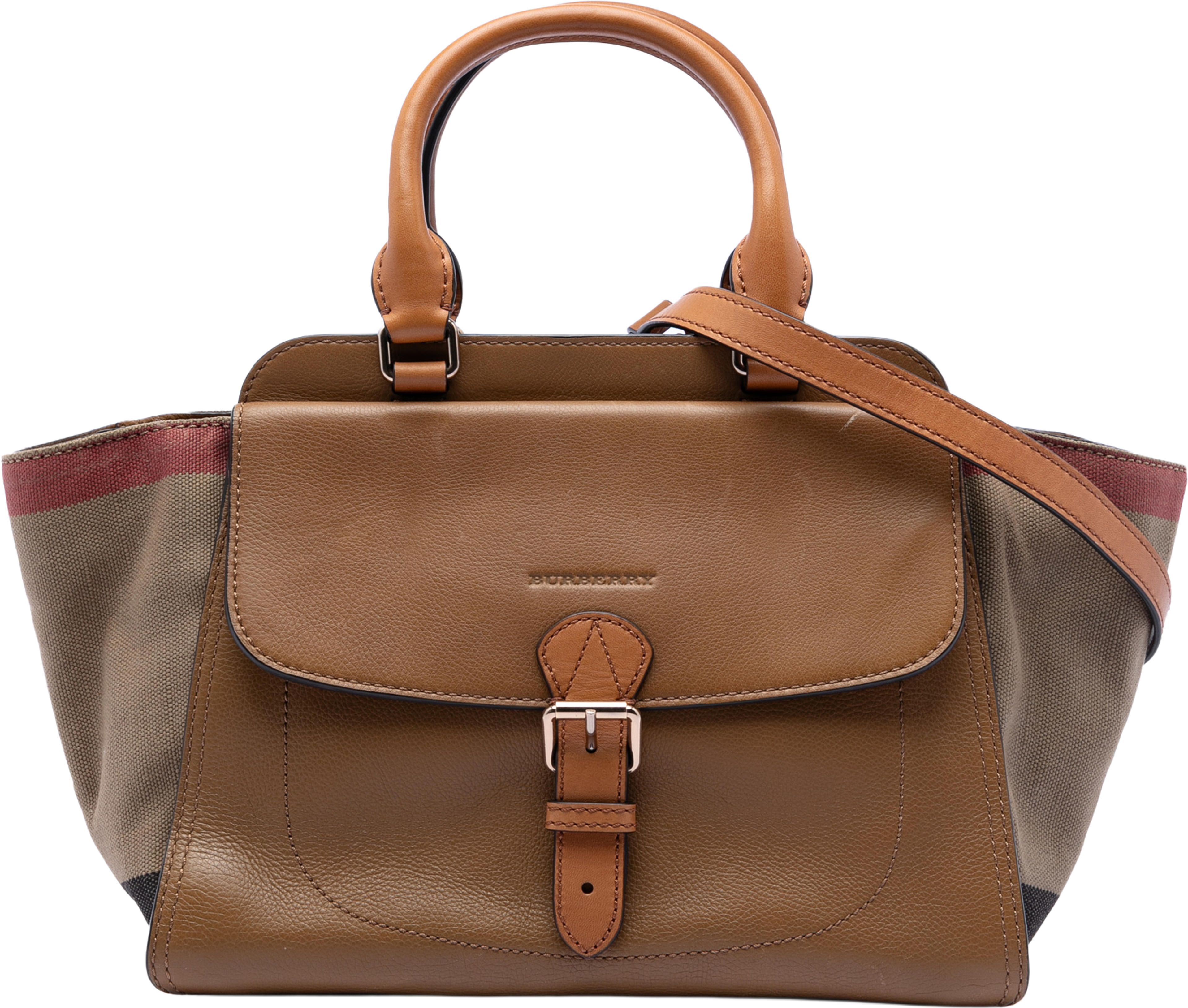 Burberry Medium Leather And House Check Harcourt Satchel, från Luxclusif, i färgen light brown. Klicka för att öppna bilden i stort format