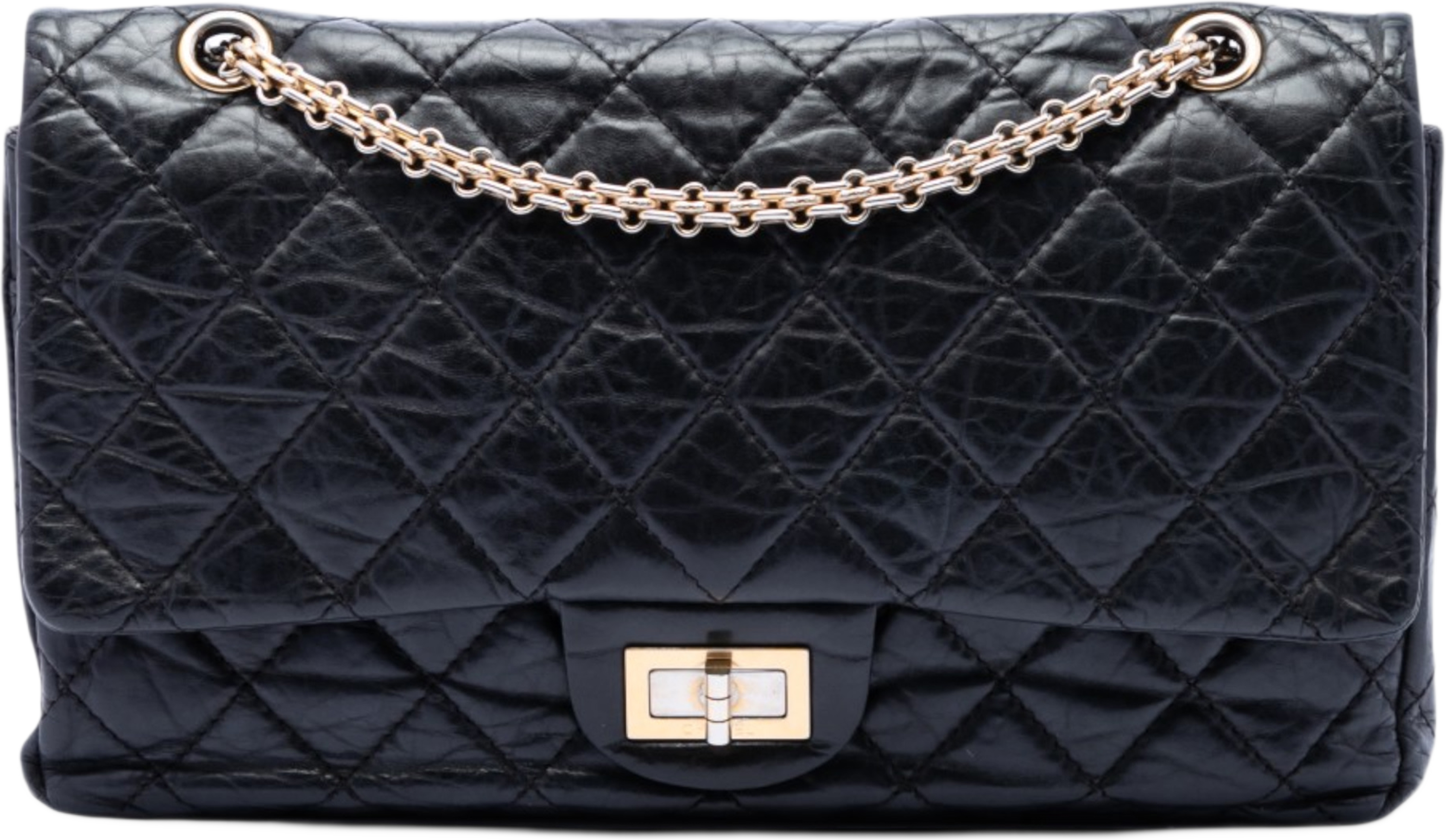 Chanel Quilted Aged Calfskin Reissue 2.55 Double Flap 227, från Luxclusif, i färgen svart. Klicka för att öppna bilden i stort format