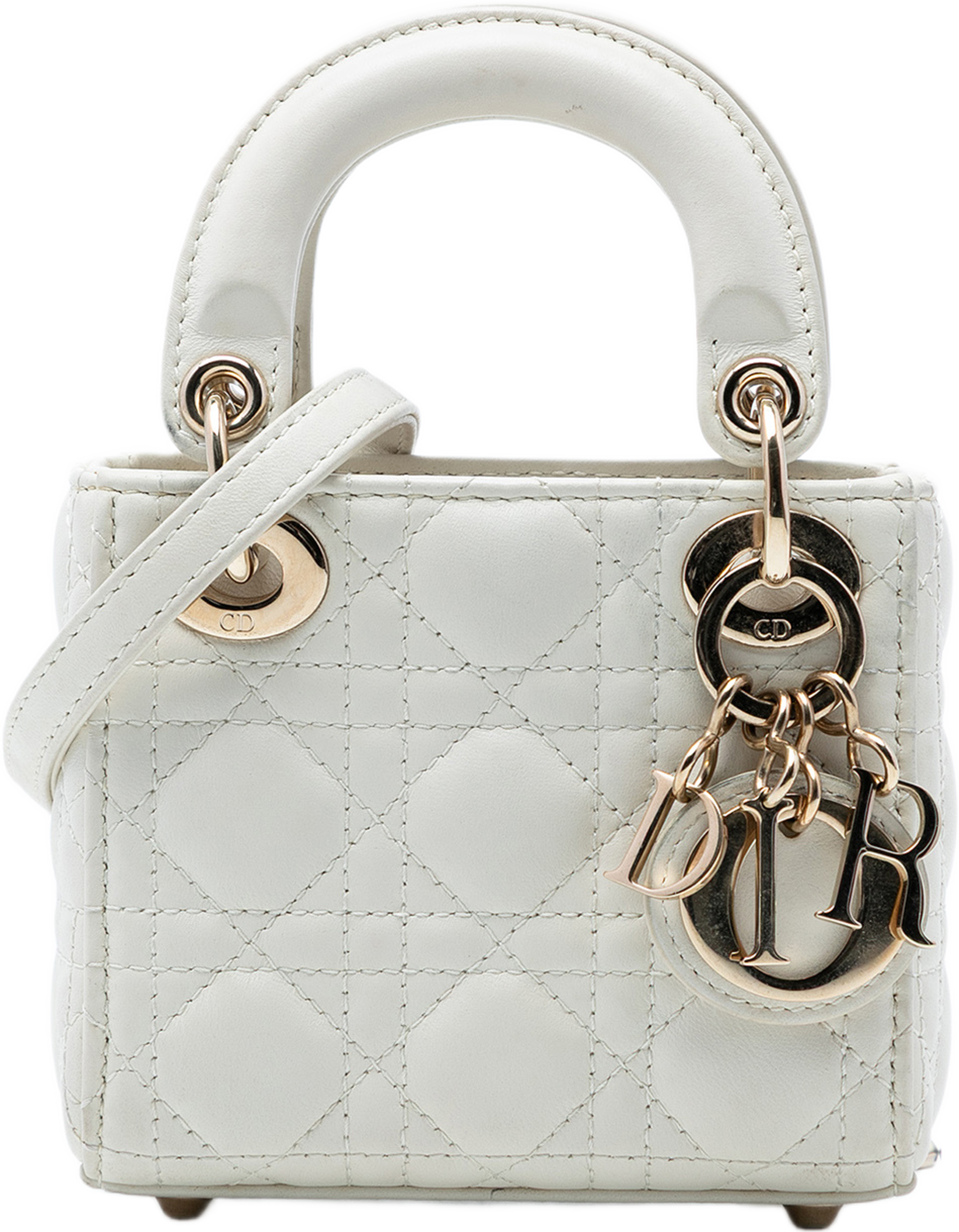 Dior Micro Lambskin Cannage Lady Dior, från Luxclusif, i färgen vit. Klicka för att öppna bilden i stort format