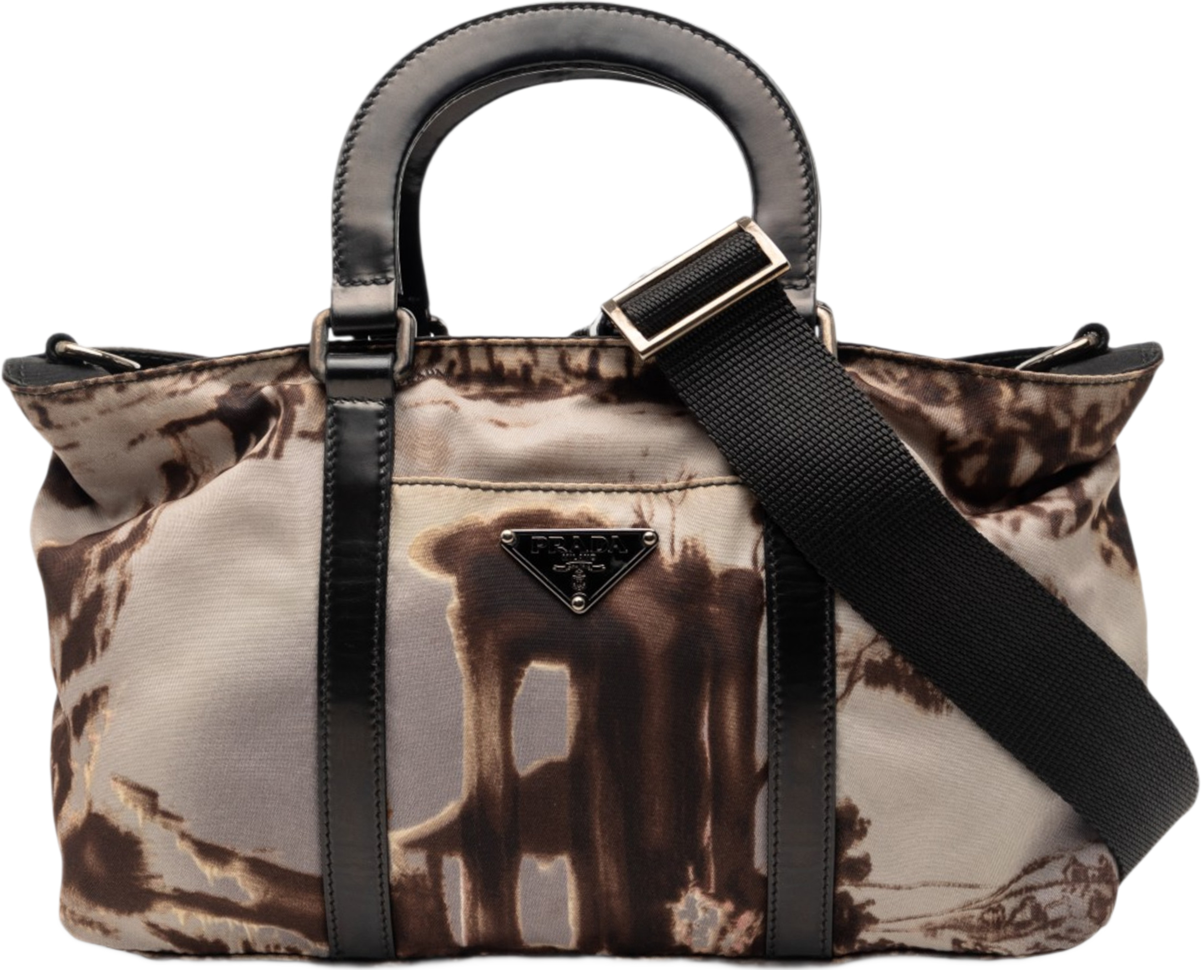 Prada Tessuto Stampato Satchel, från Luxclusif, i färgen brown. Klicka för att öppna bilden i stort format