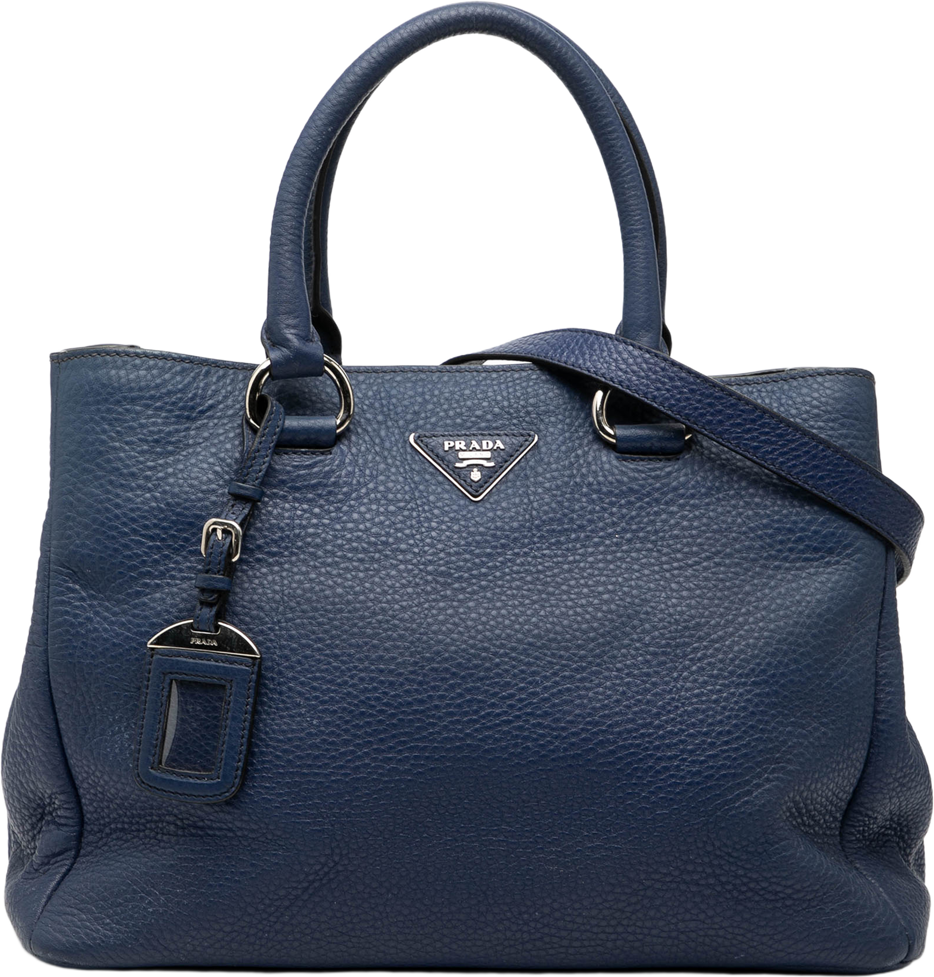 Prada Vitello Daino Zip Top Satchel, från Luxclusif, i färgen dark blue. Klicka för att öppna bilden i stort format
