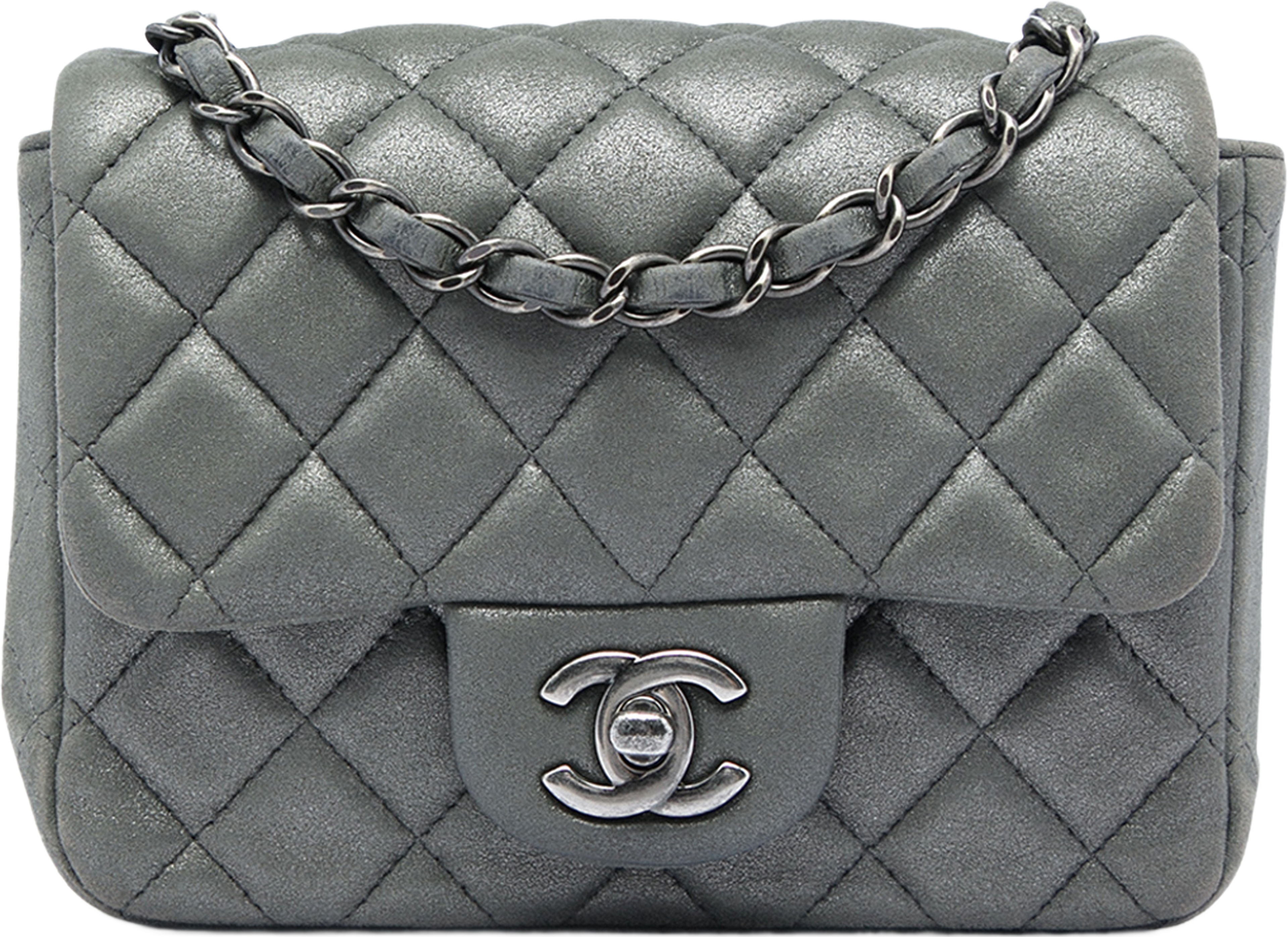Chanel Mini Square Classic Metallic Lambskin Single Flap, från Luxclusif, i färgen grå. Klicka för att öppna bilden i stort format