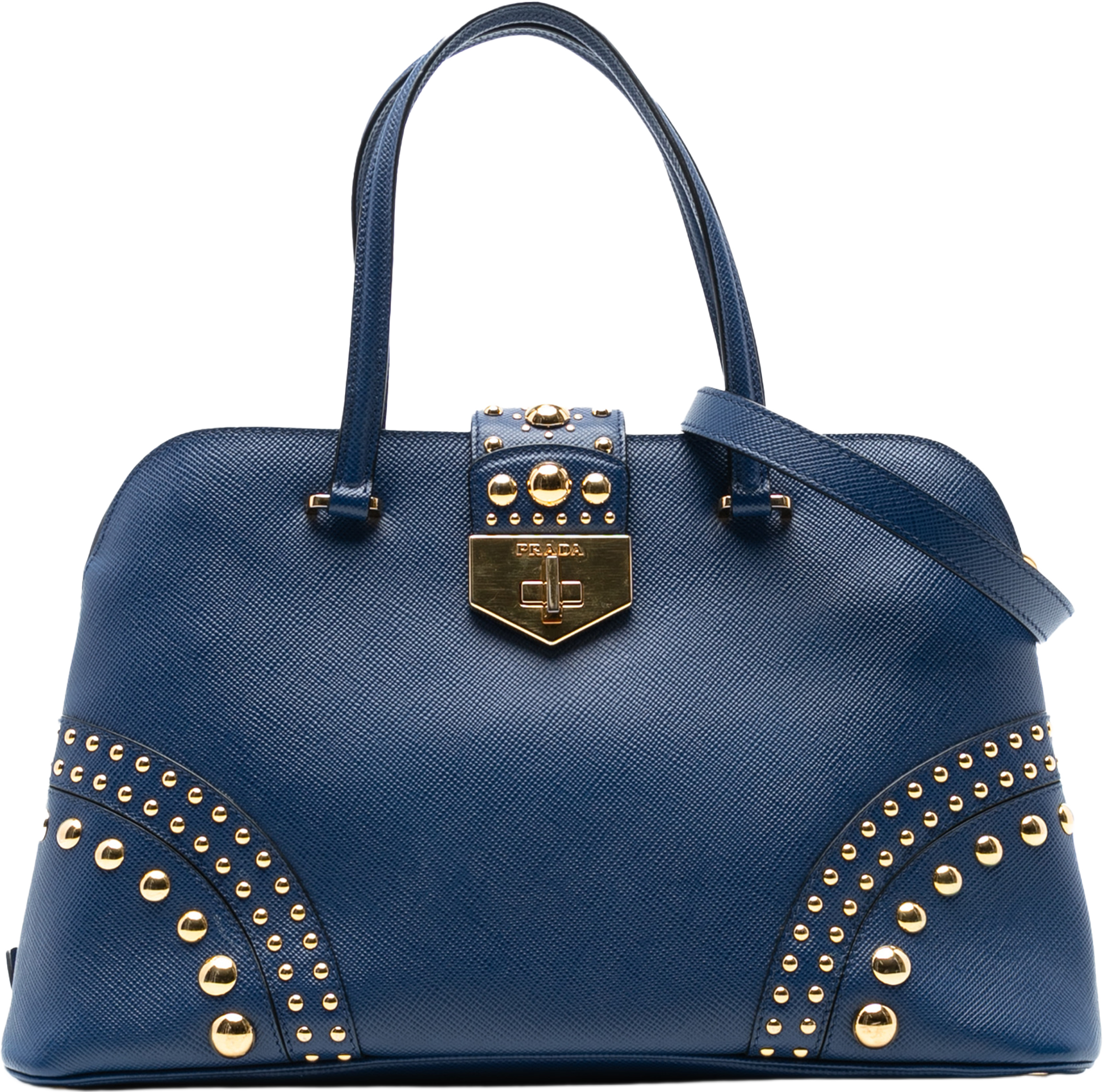 Prada Studded Saffiano Cuir Promenade Satchel, från Luxclusif, i färgen dark blue. Klicka för att öppna bilden i stort format