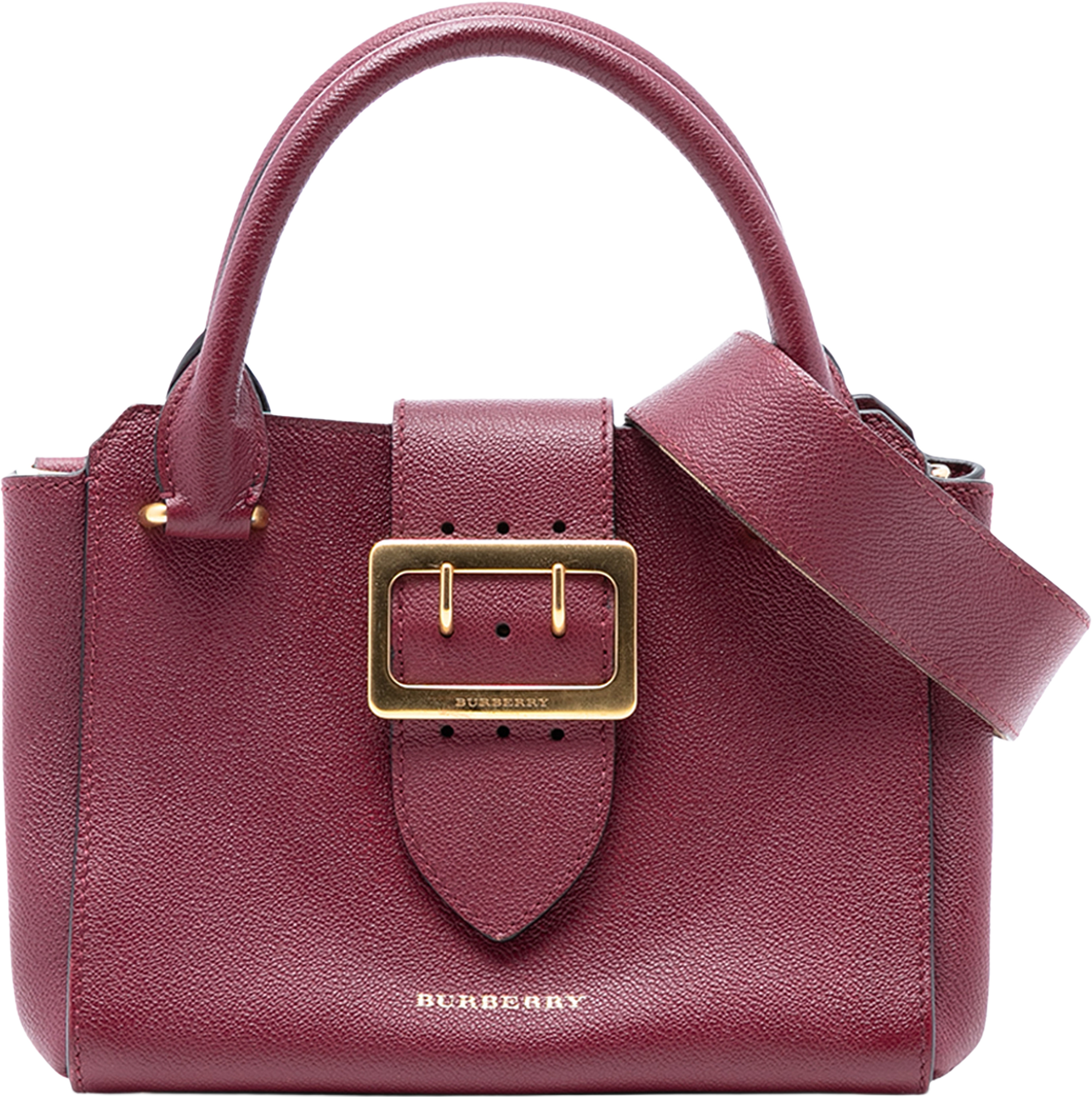 Burberry Small Grained Leather Buckle Tote, från Luxclusif, i färgen red. Klicka för att öppna bilden i stort format