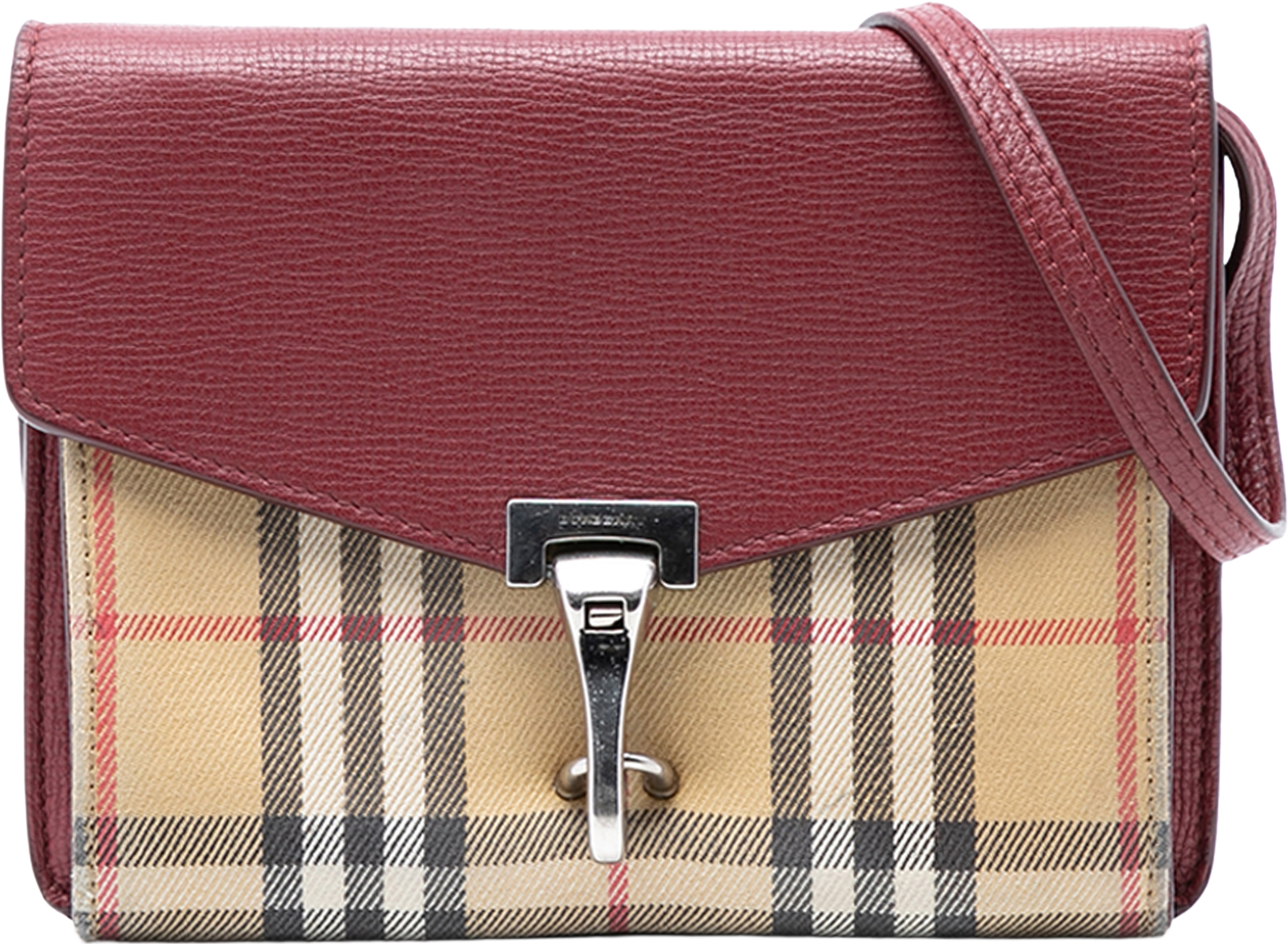 Burberry Small Leather And House Check Canvas Derby Macken Crossbody, från Luxclusif, i färgen dark red. Klicka för att öppna bilden i stort format