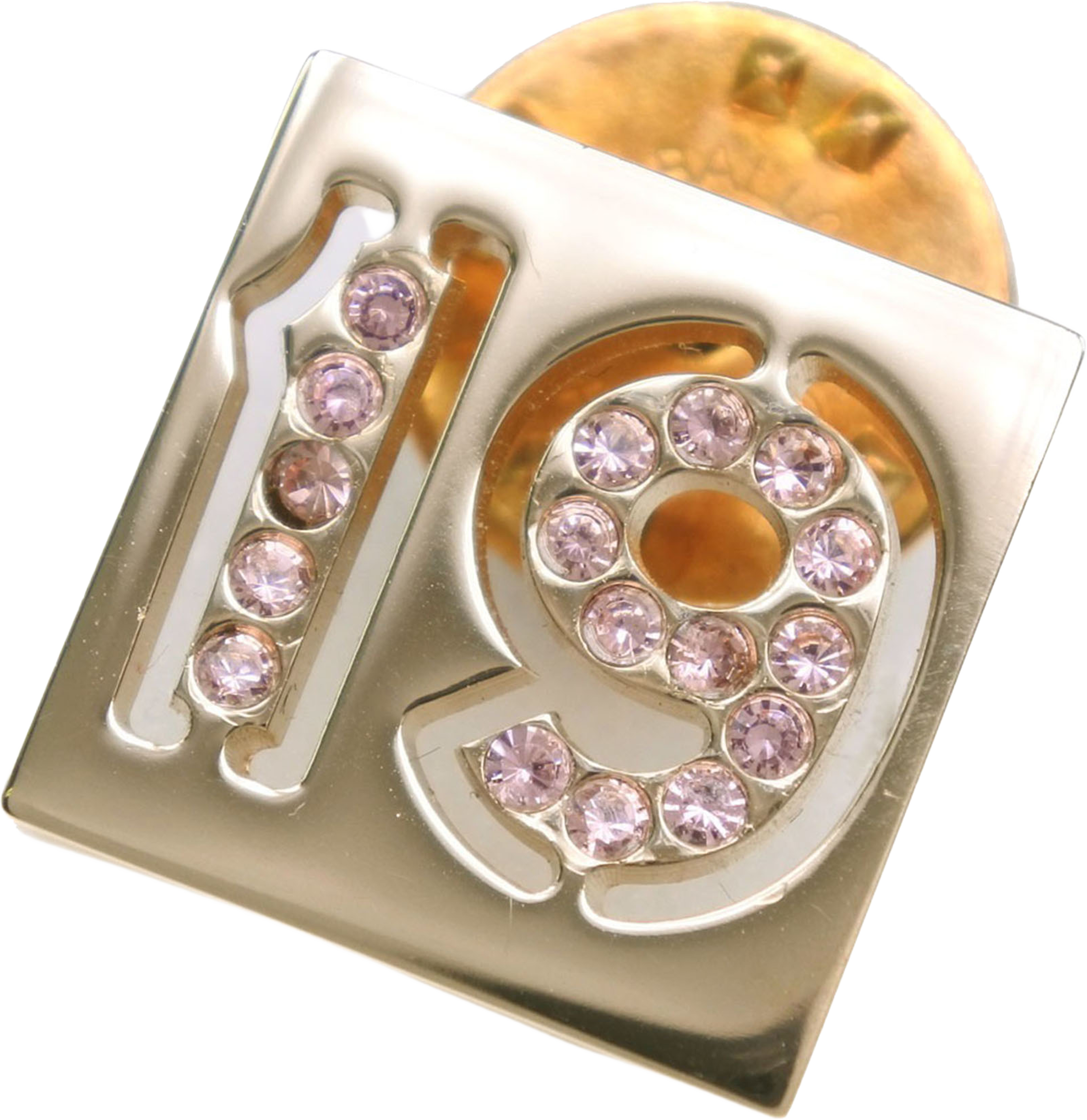 Chanel Gold Plated Rhinestone No 19 Pin Badge Brooch, från Luxclusif, i färgen gold. Klicka för att öppna bilden i stort format