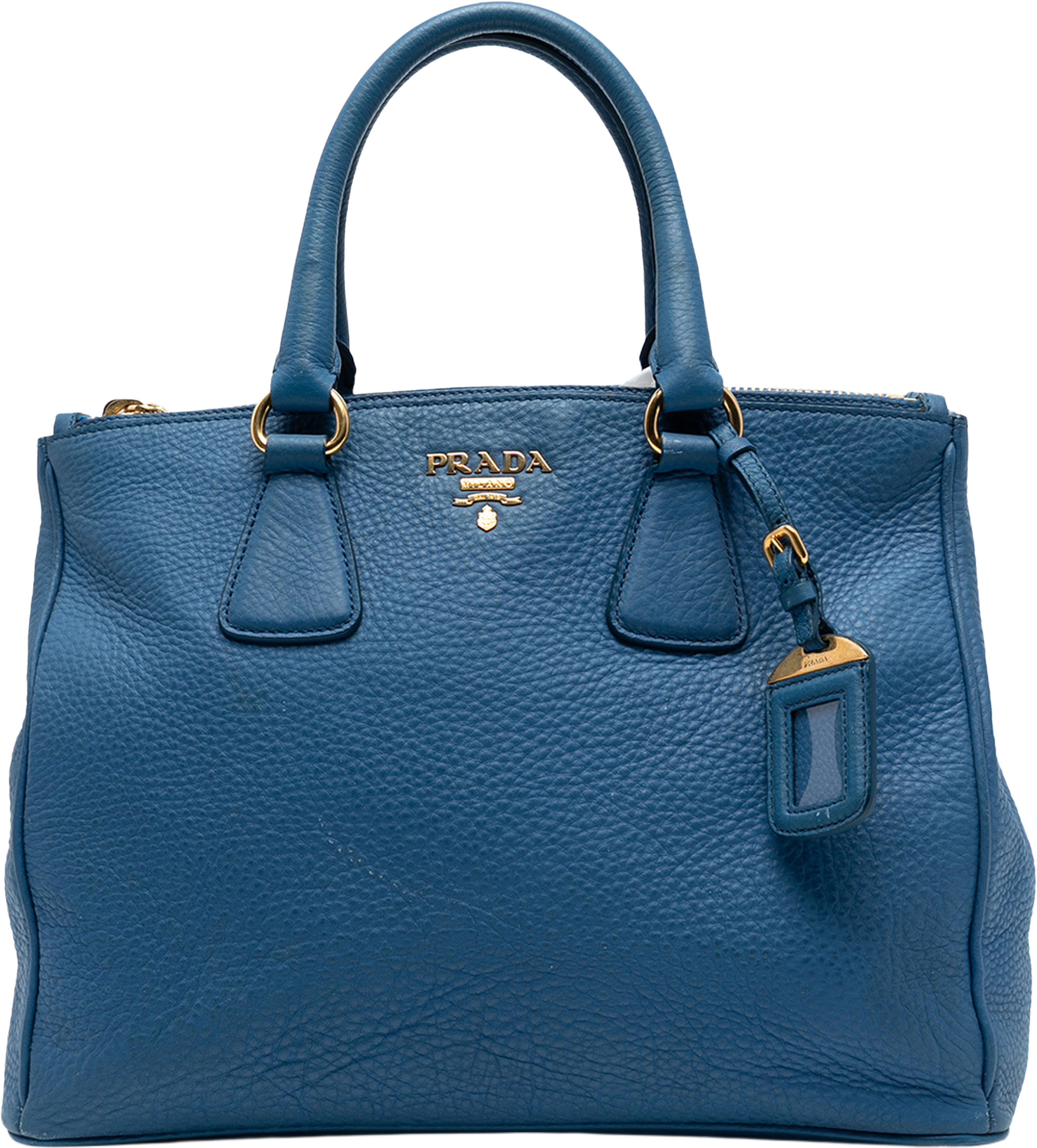 Prada Vitello Daino Double Zip Convertible Tote, från Luxclusif, i färgen blue. Klicka för att öppna bilden i stort format