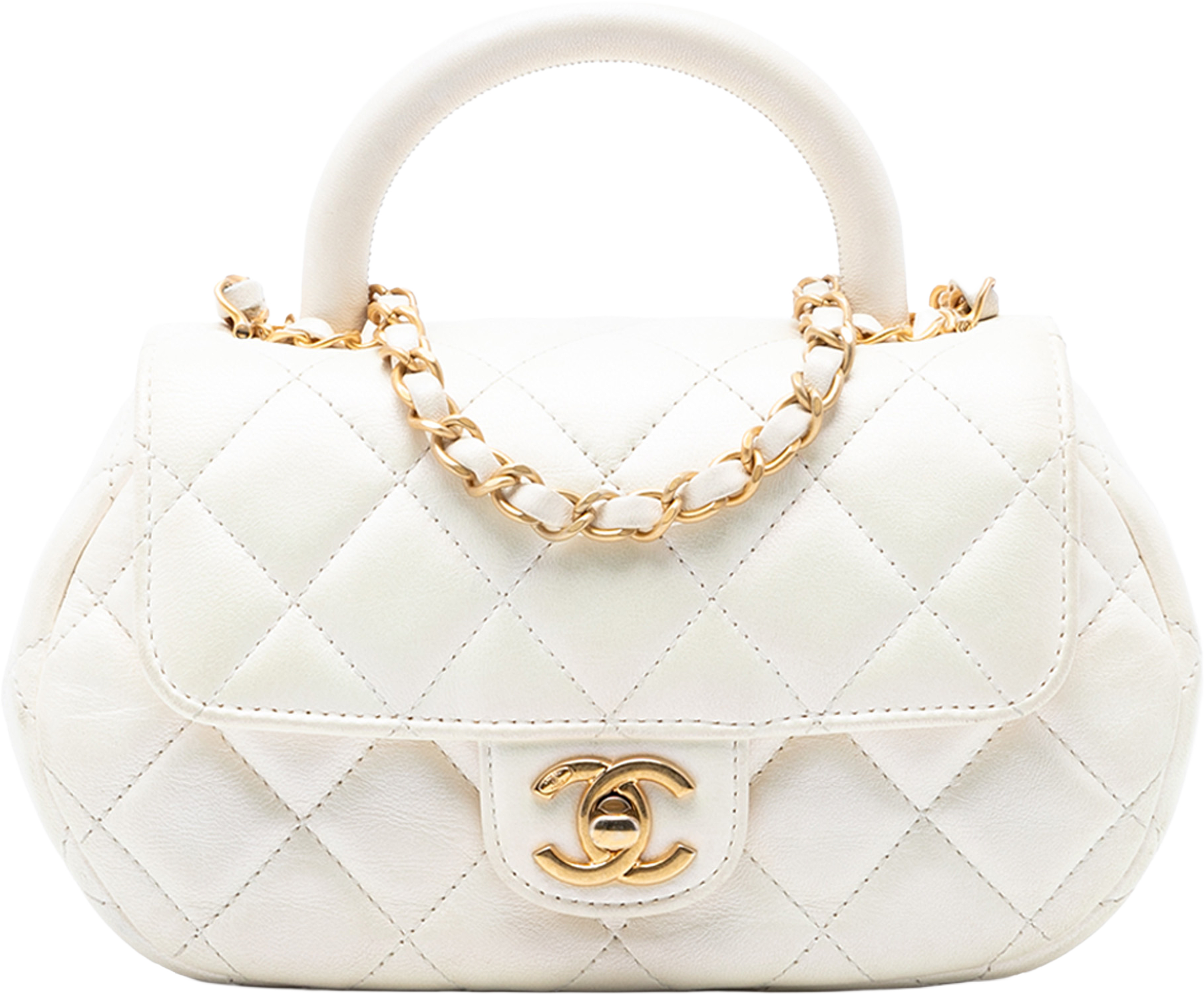 Chanel Cc Quilted Lambskin Top Handle Bag, från Luxclusif, i färgen white. Klicka för att öppna bilden i stort format