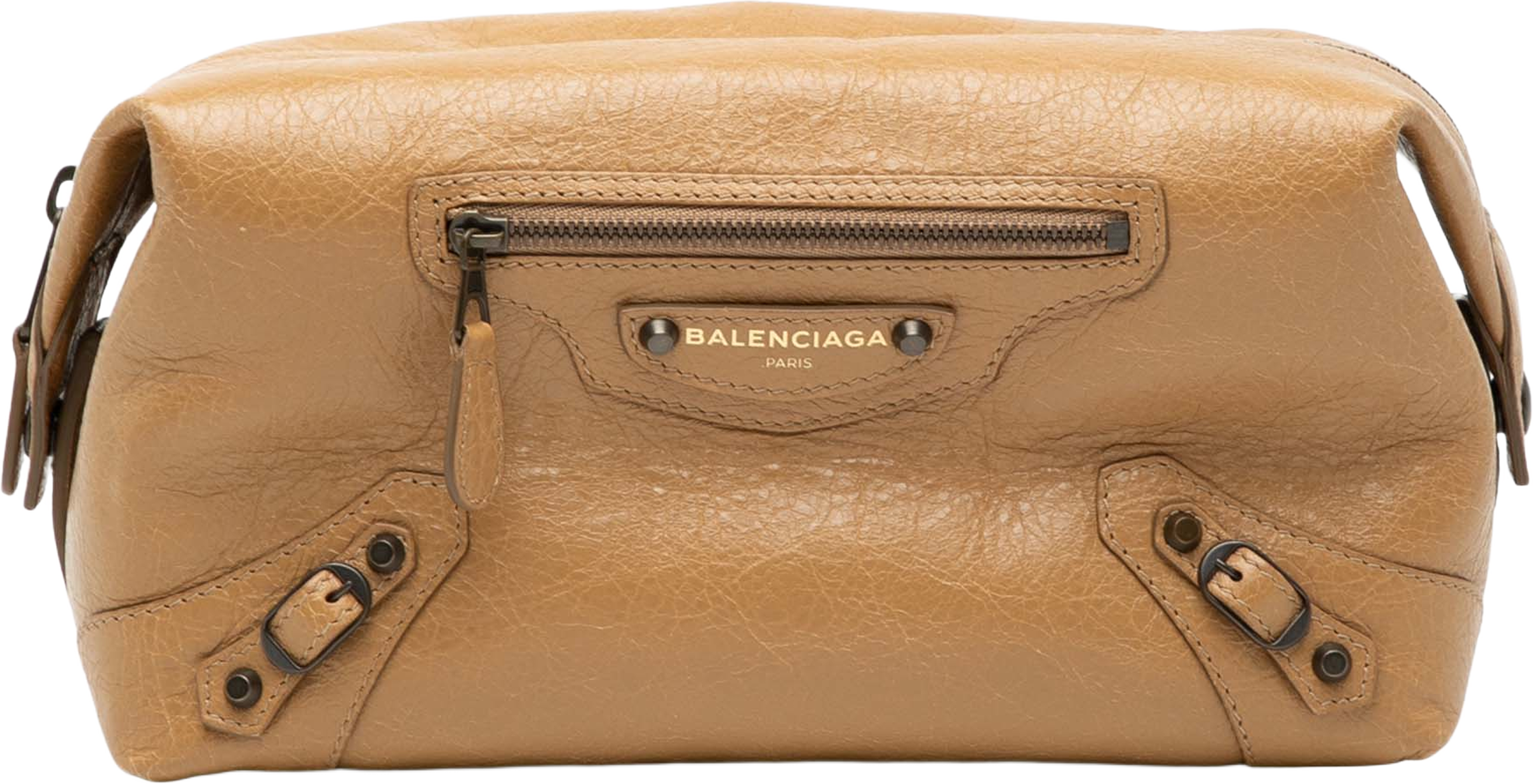 Balenciaga Lambskin Motocross Classic Toiletry Pouch, från Luxclusif, i färgen light brown. Klicka för att öppna bilden i stort format