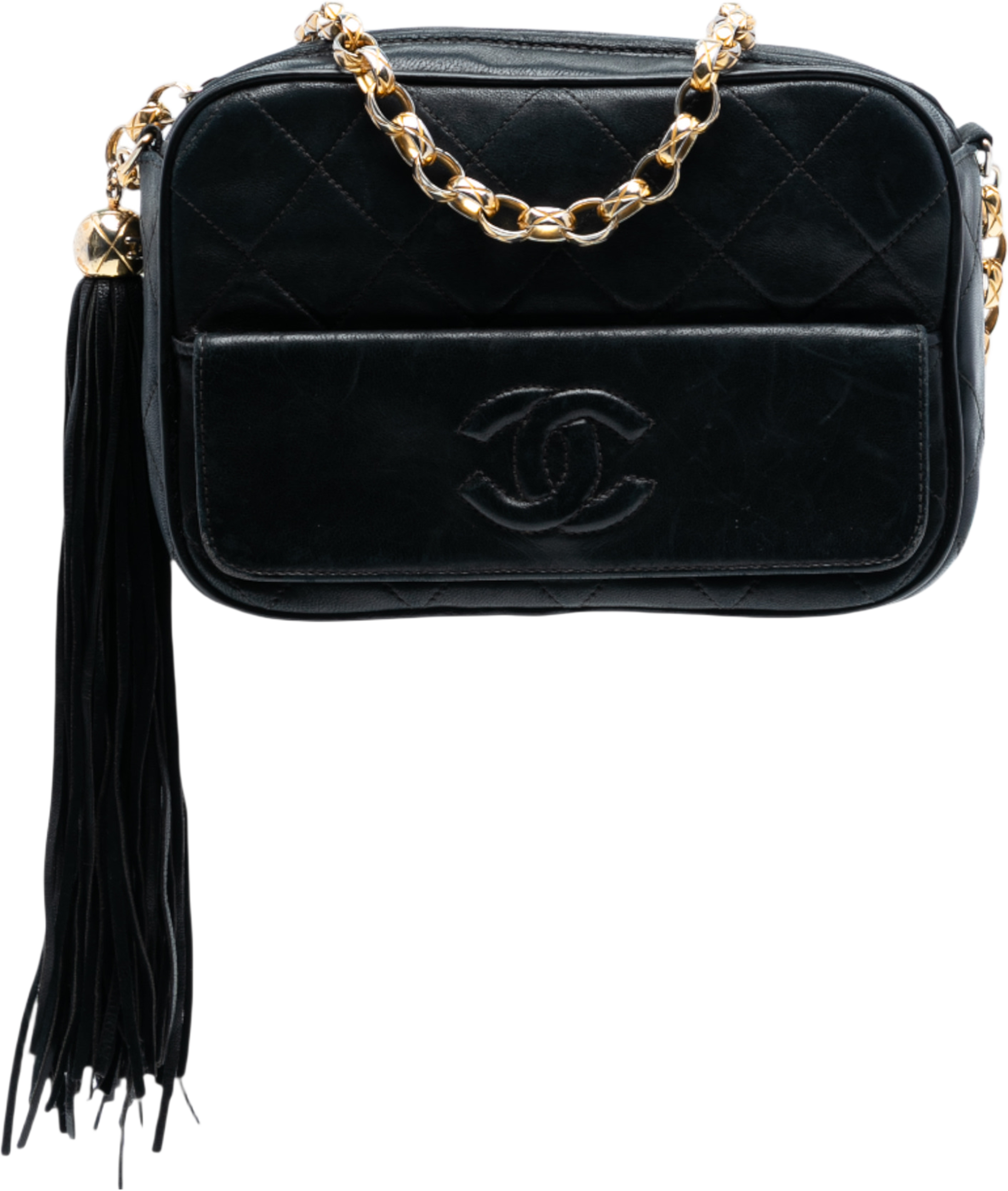 Chanel Mini Cc Quilted Lambskin Tassel Camera Bag, från Luxclusif, i färgen black. Klicka för att öppna bilden i stort format