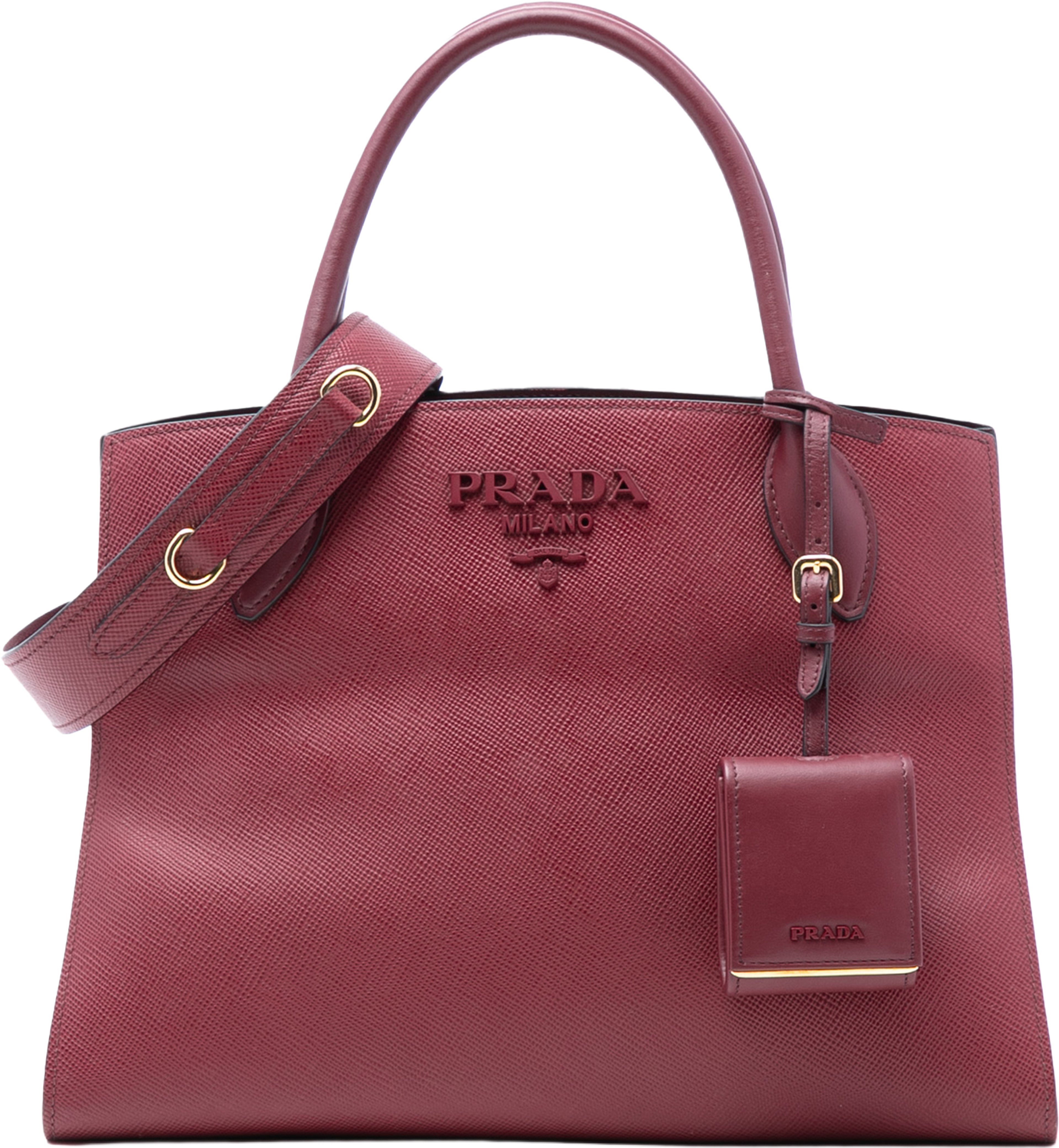 Prada Medium Saffiano Cuir Monochrome Top Handle Tote, från Luxclusif, i färgen burgundy. Klicka för att öppna bilden i stort format