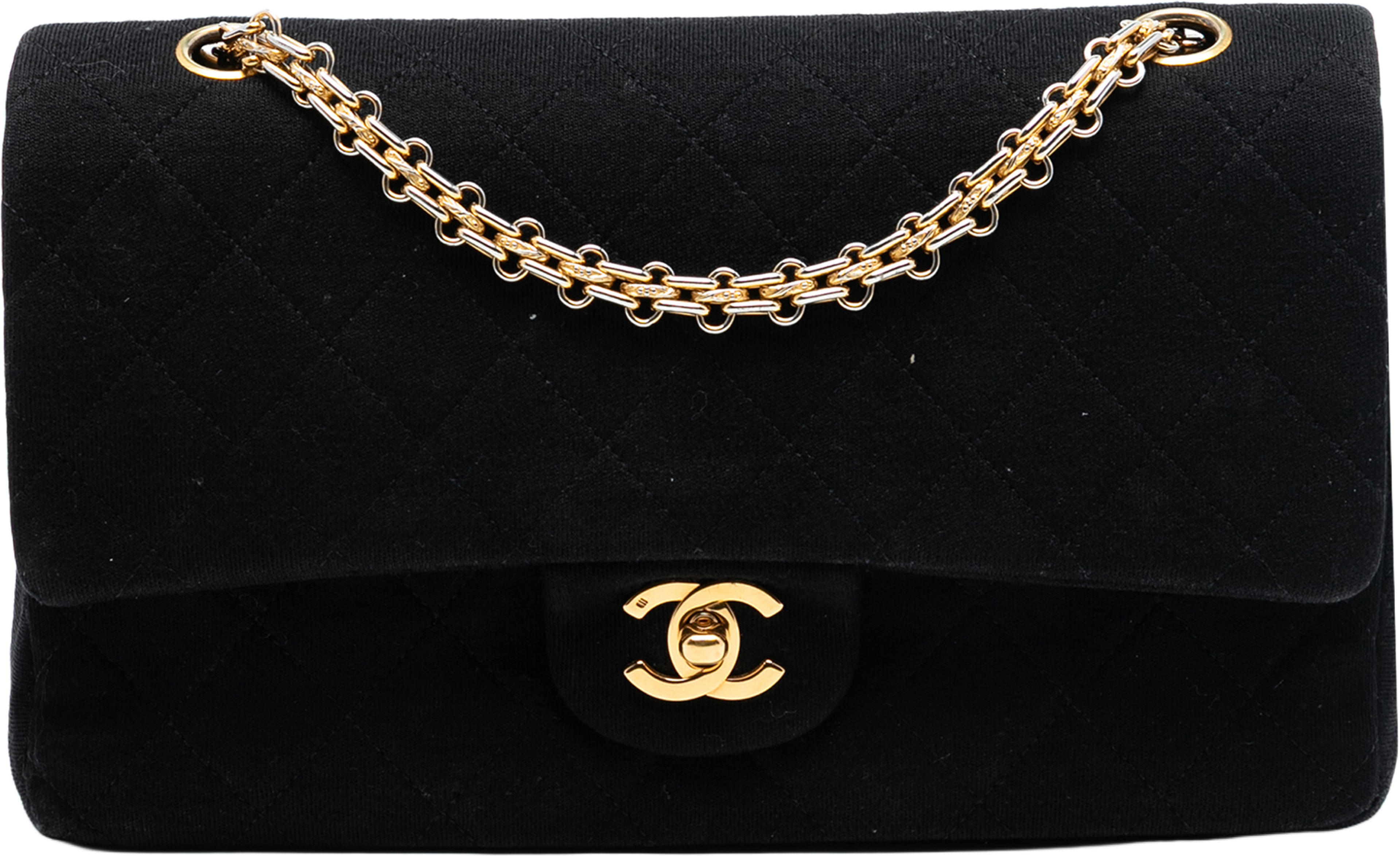 Chanel Medium Classic Jersey Bijoux Chain Double Flap, från Luxclusif, i färgen black. Klicka för att öppna bilden i stort format