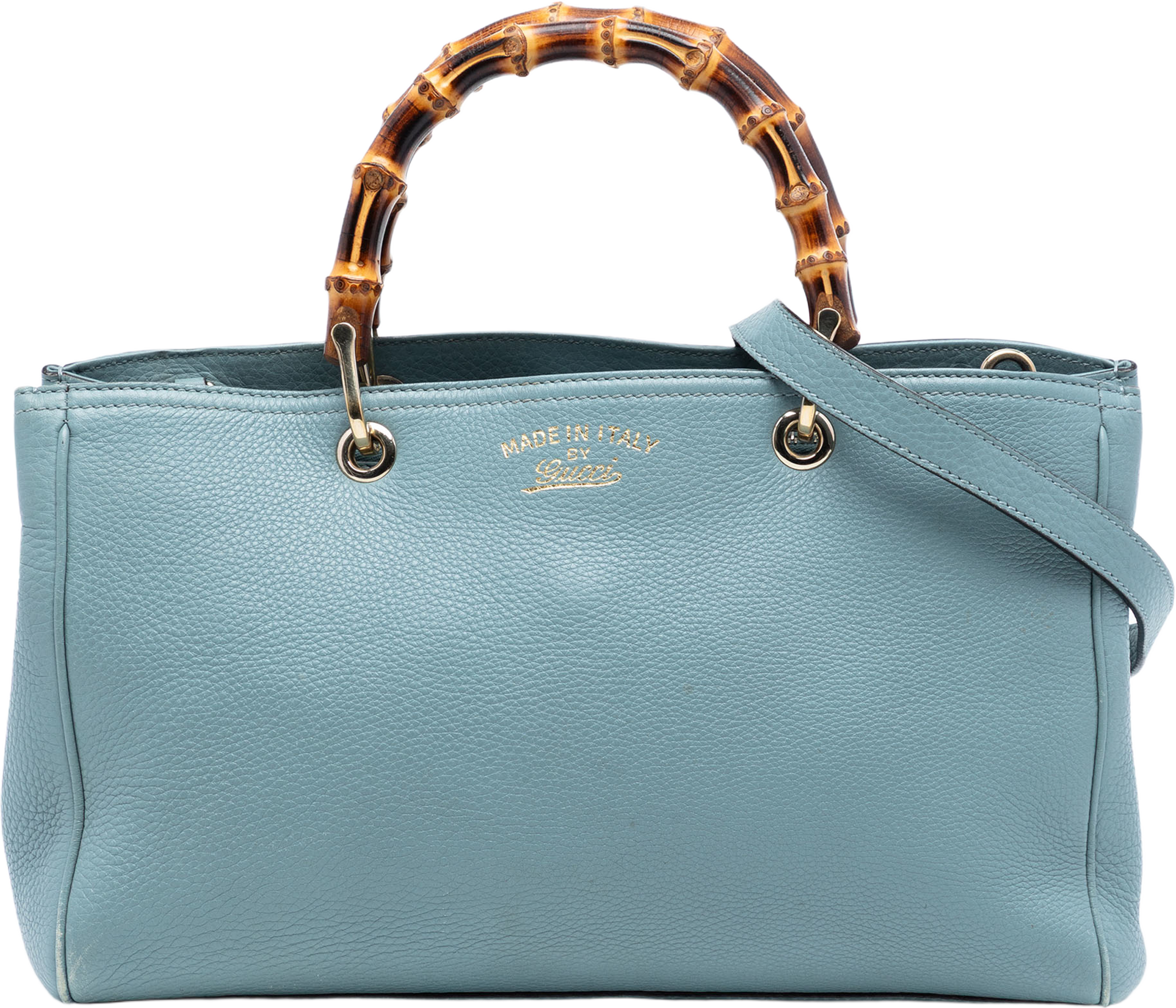Gucci Medium Calfskin Bamboo Shopper Satchel, från Luxclusif, i färgen light blue. Klicka för att öppna bilden i stort format
