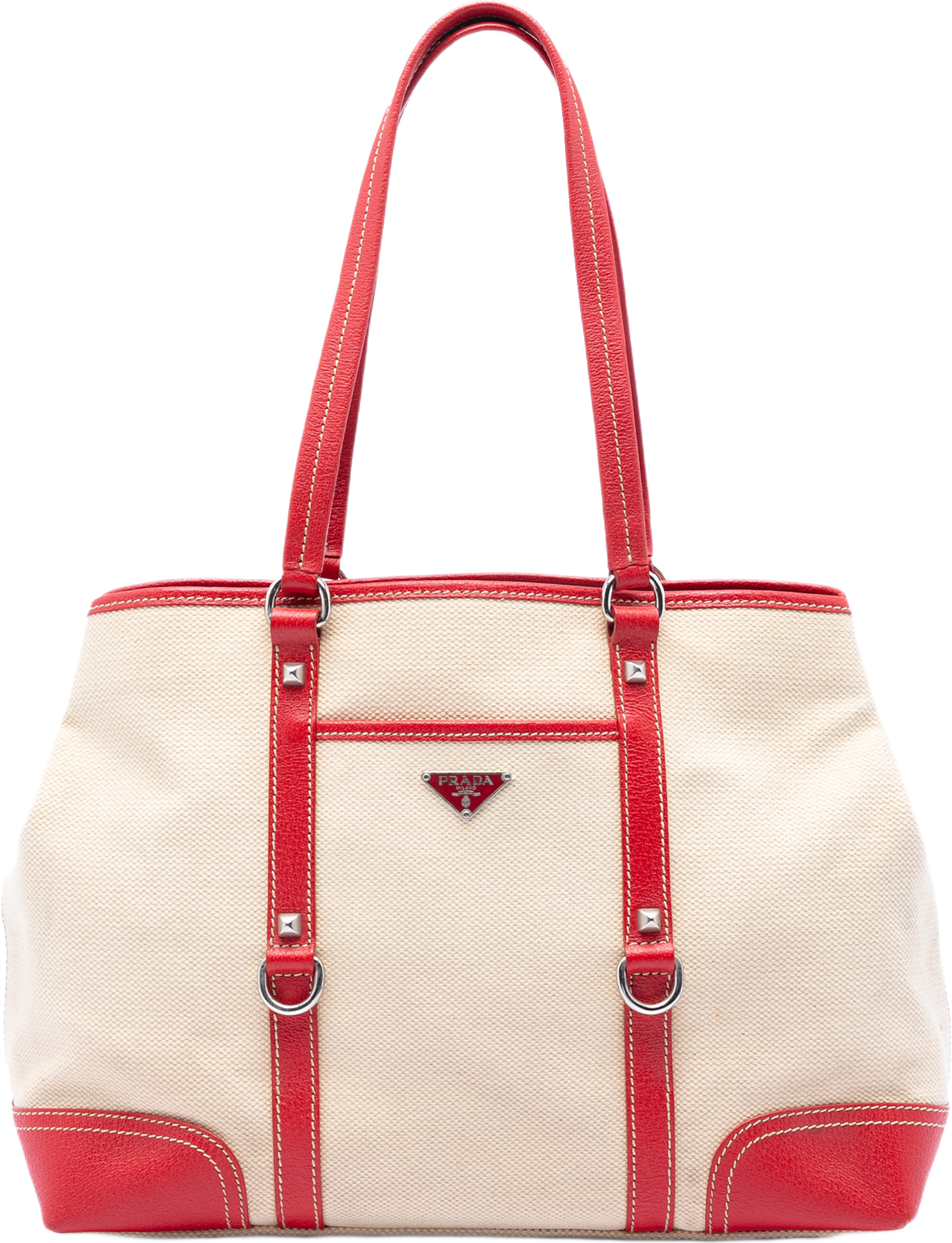 Prada Studded Leather Trimmed Canvas Front Pocket Tote, från Luxclusif, i färgen beige. Klicka för att öppna bilden i stort format