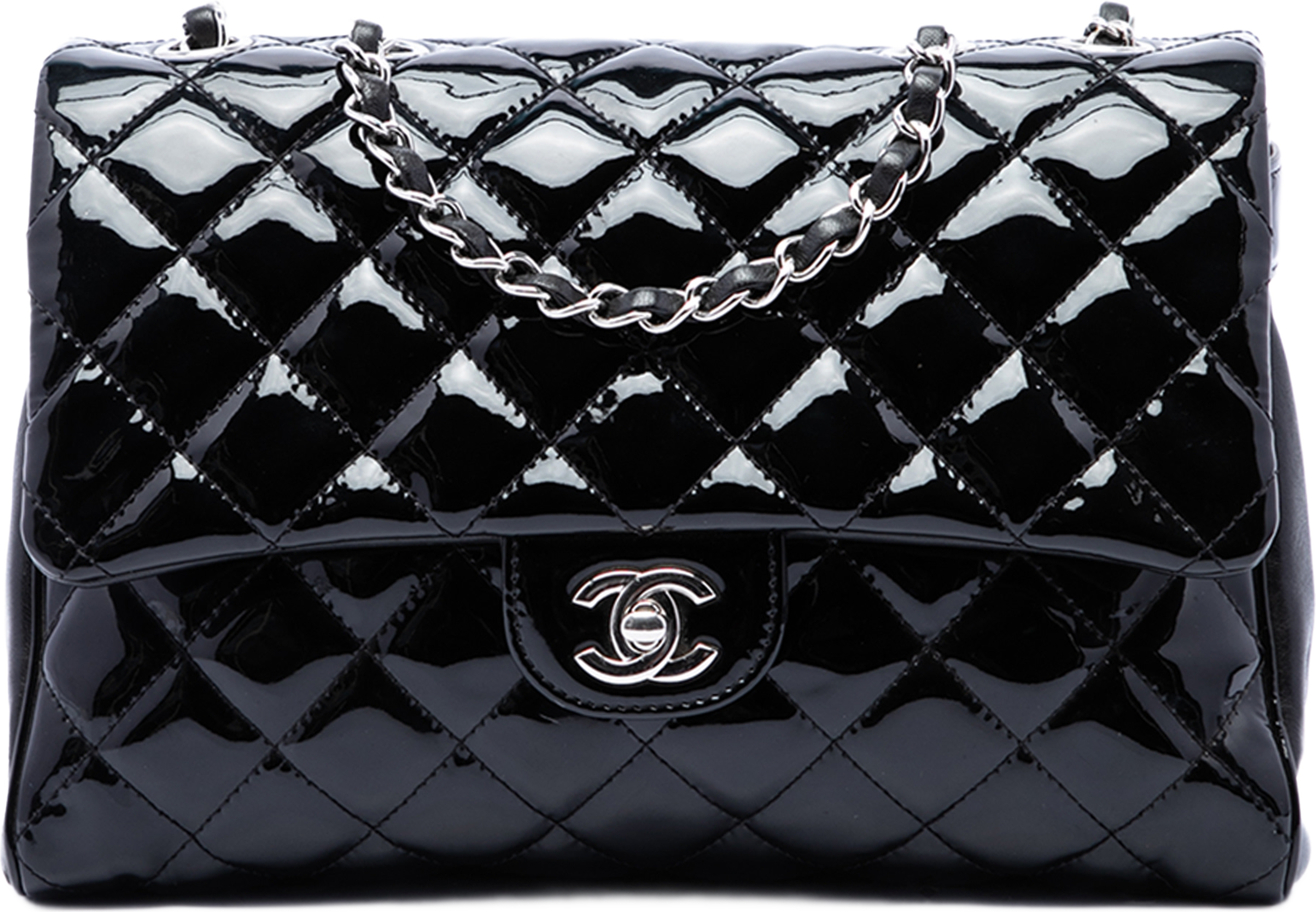 Chanel Large Cc Quilted Patent Double Compartment Flap, från Luxclusif, i färgen svart. Klicka för att öppna bilden i stort format