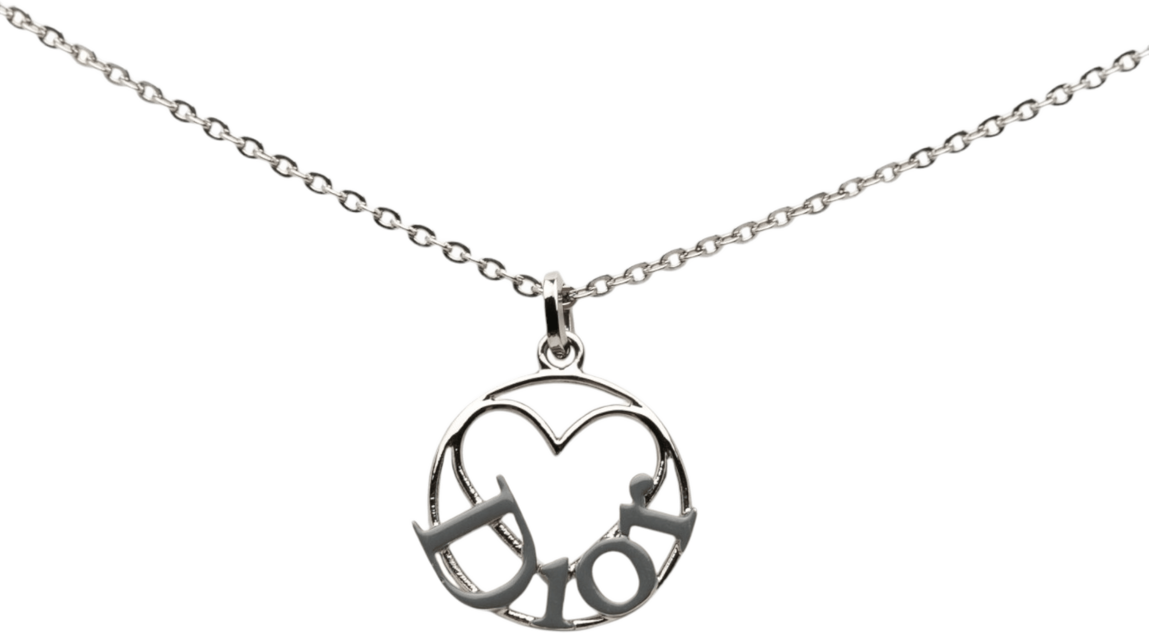 Dior Brass Heart Logo Pendant Necklace, från Luxclusif, i färgen silver. Klicka för att öppna bilden i stort format