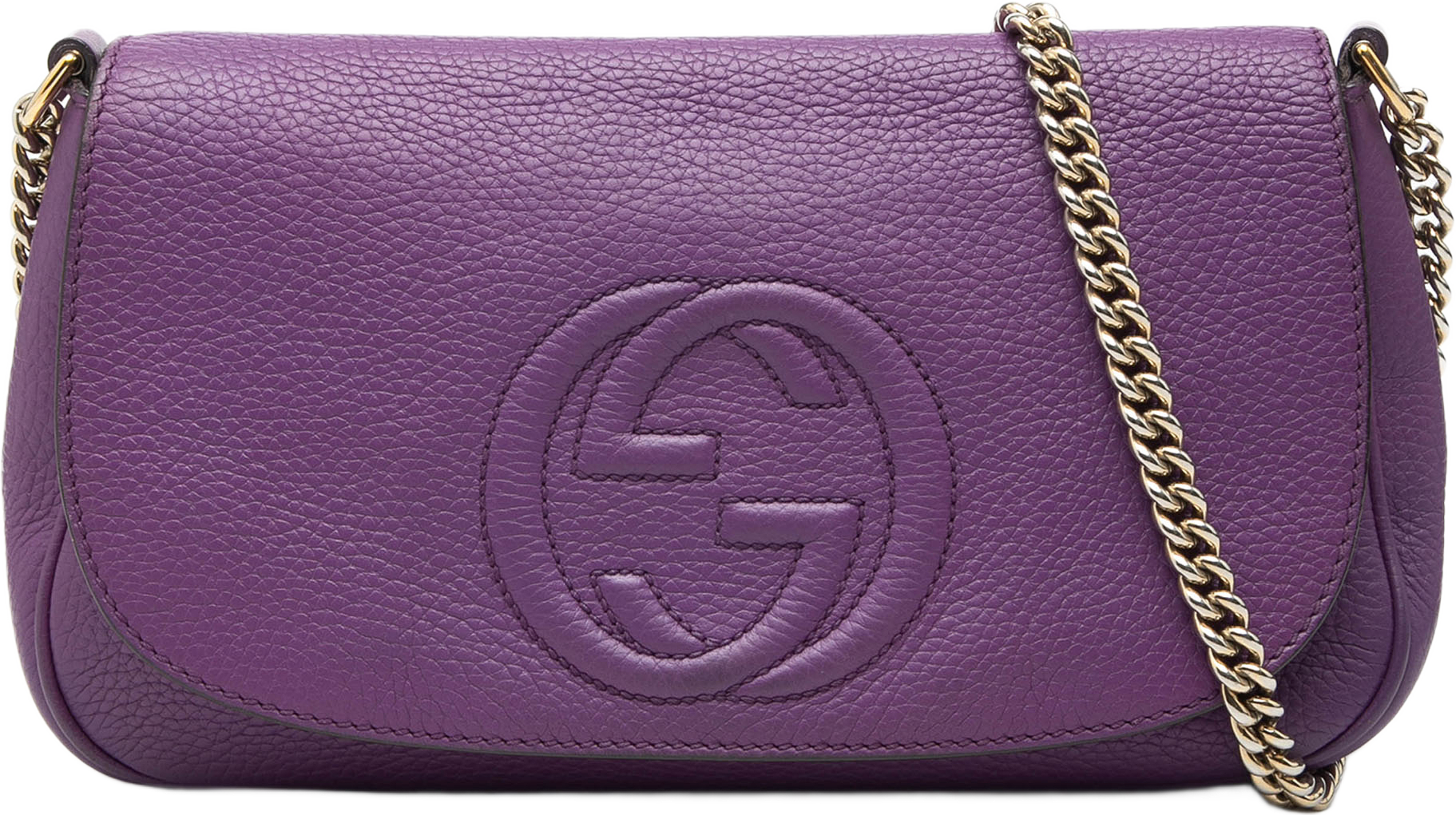 Gucci Medium Calfskin Soho Chain Flap Crossbody, från Luxclusif, i färgen purple. Klicka för att öppna bilden i stort format