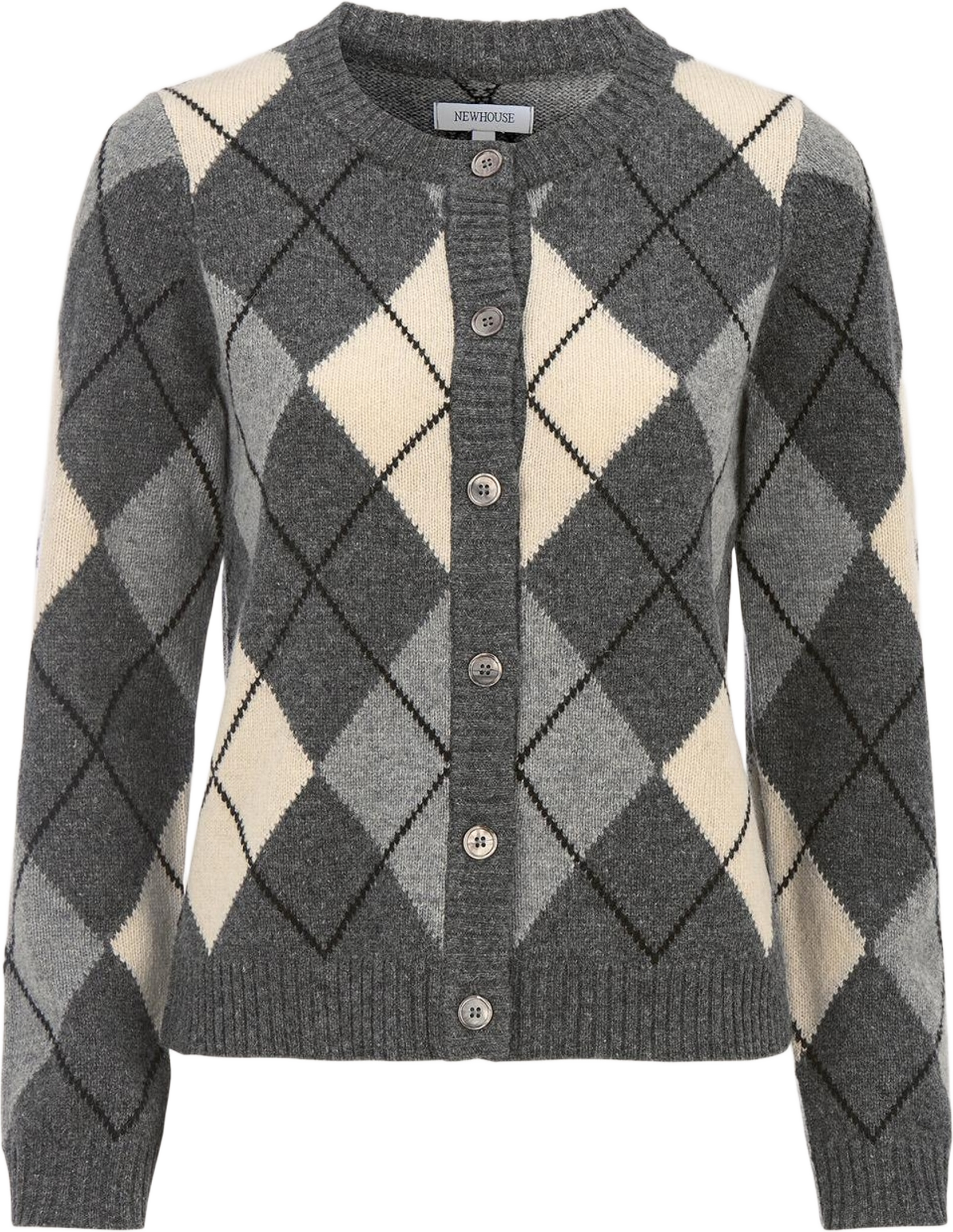 Cardigan Khaite Argyle, från Newhouse, i färgen mörkgrå. Klicka för att öppna bilden i stort format