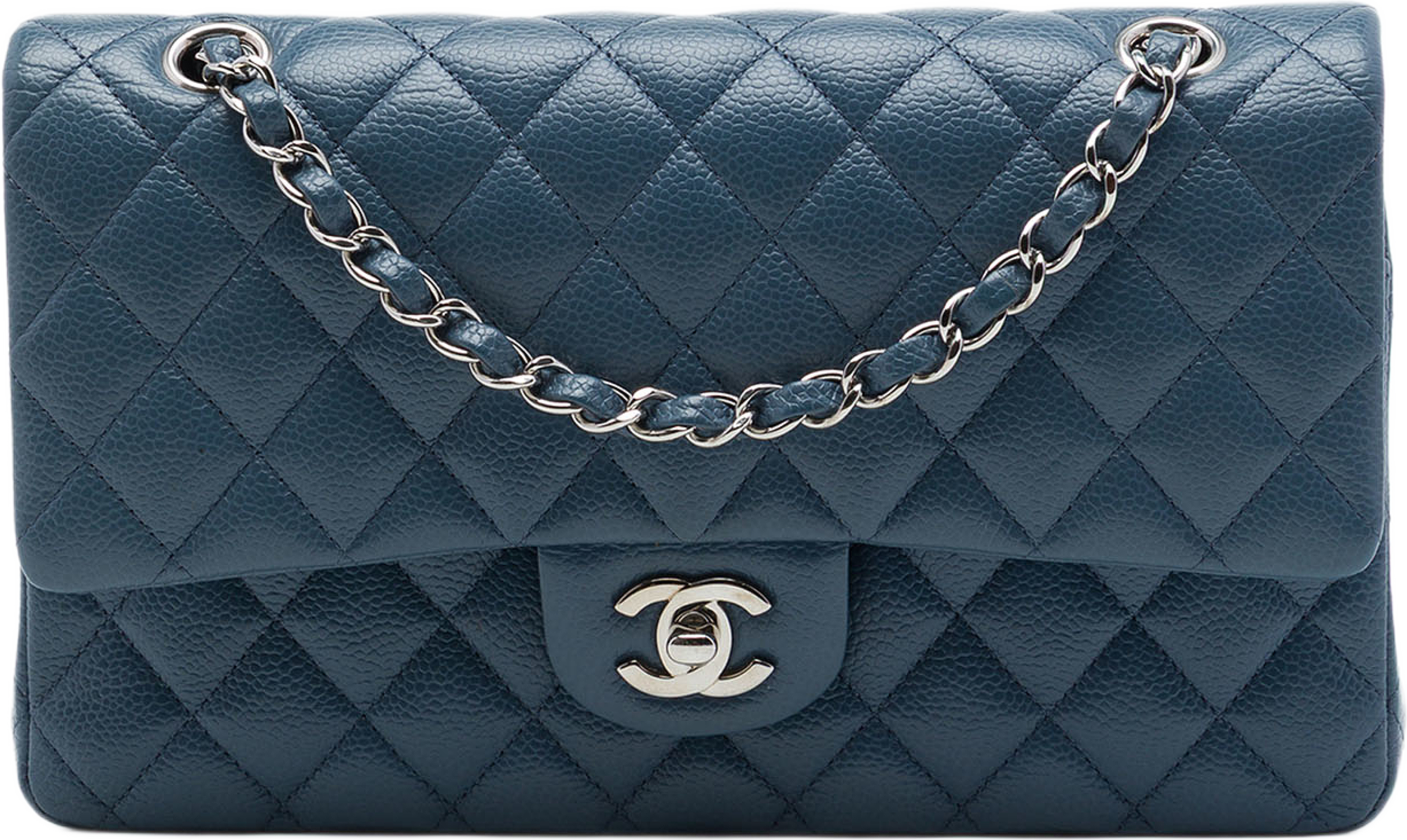 Chanel Medium Classic Caviar Double Flap, från Luxclusif, i färgen blå. Klicka för att öppna bilden i stort format