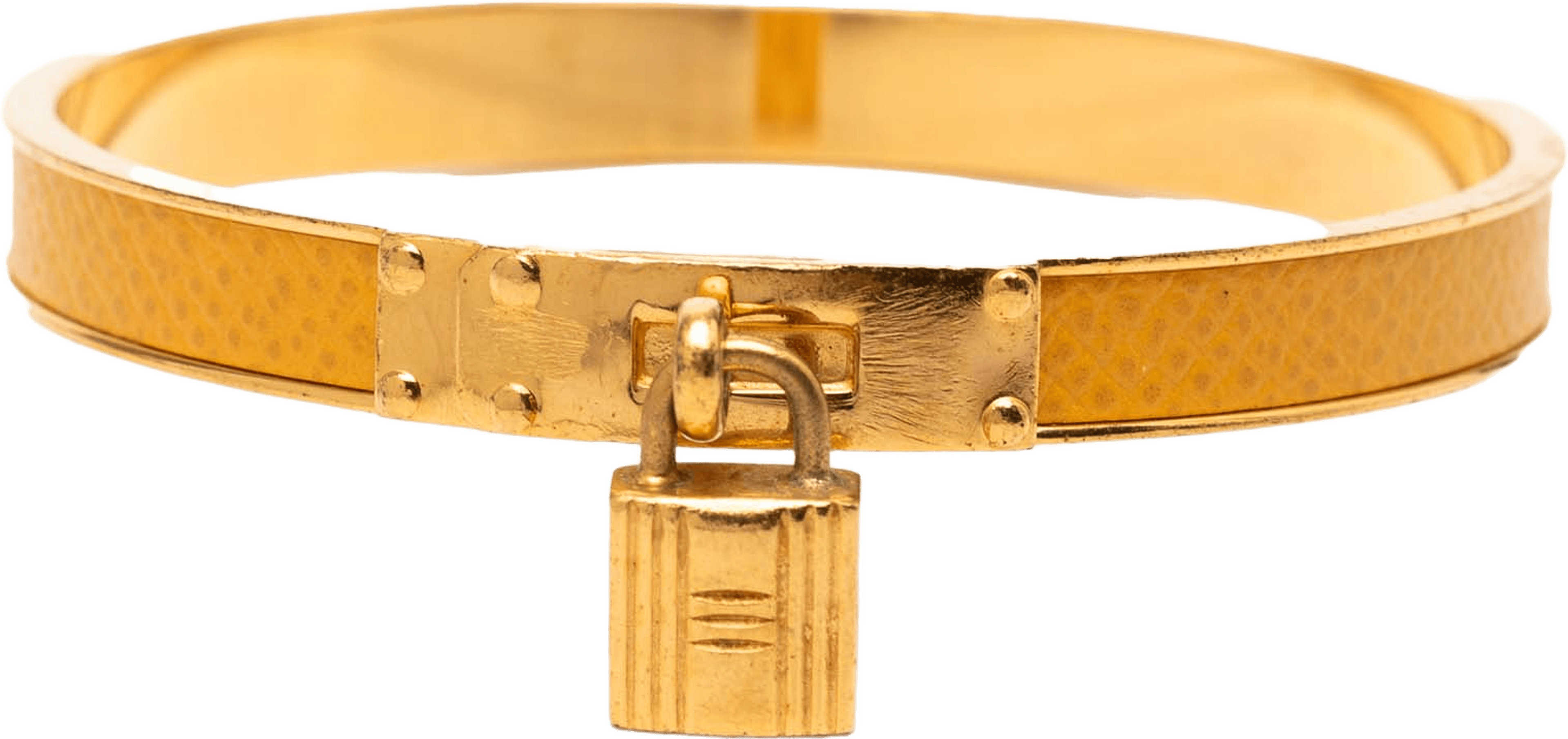 Hermès Gold Plated Epsom Kelly Cadena Lock Bangle Bracelet, från Luxclusif, i färgen yellow. Klicka för att öppna bilden i stort format