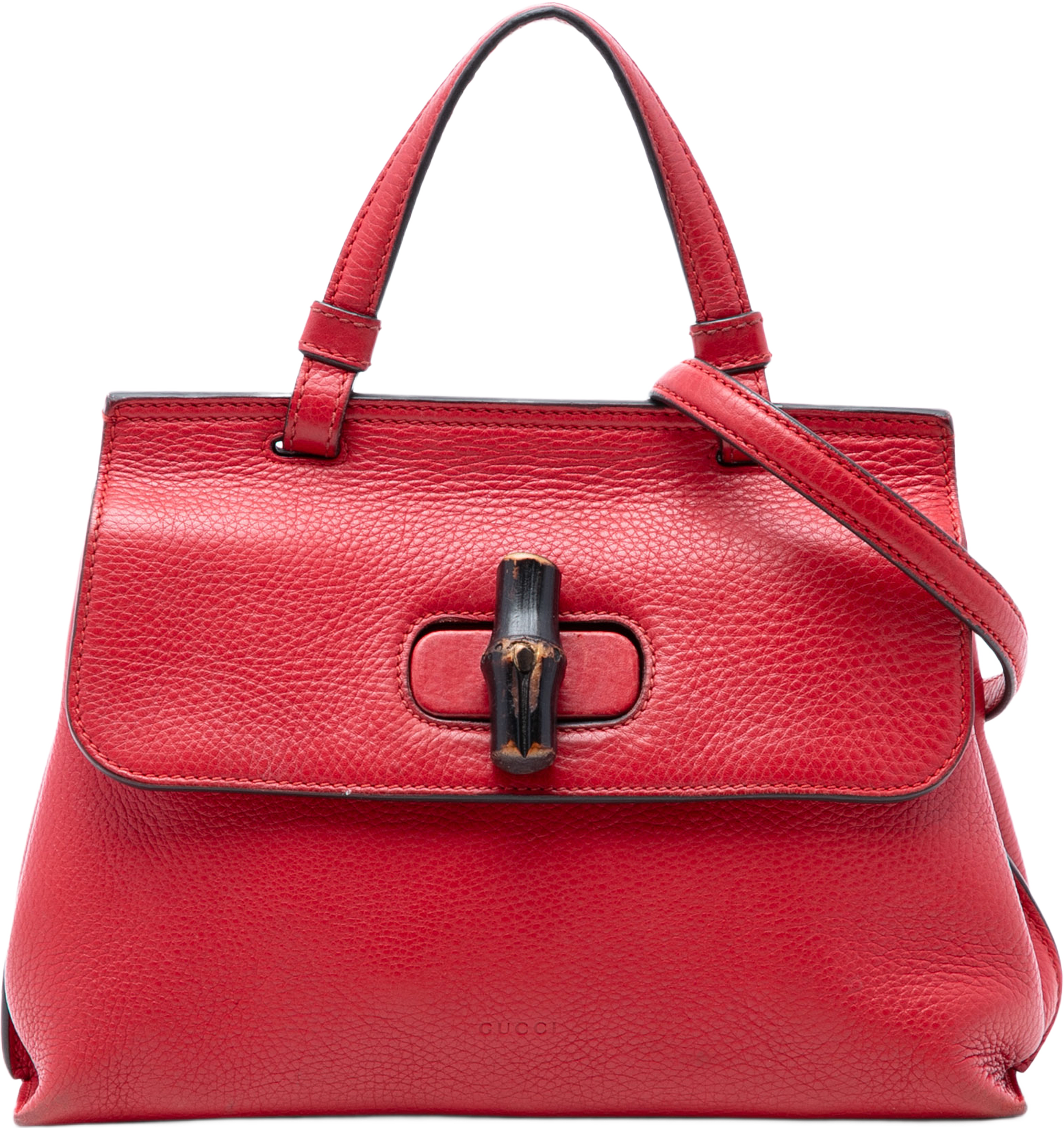 Gucci Small Leather Bamboo Daily Satchel, från Luxclusif, i färgen red. Klicka för att öppna bilden i stort format