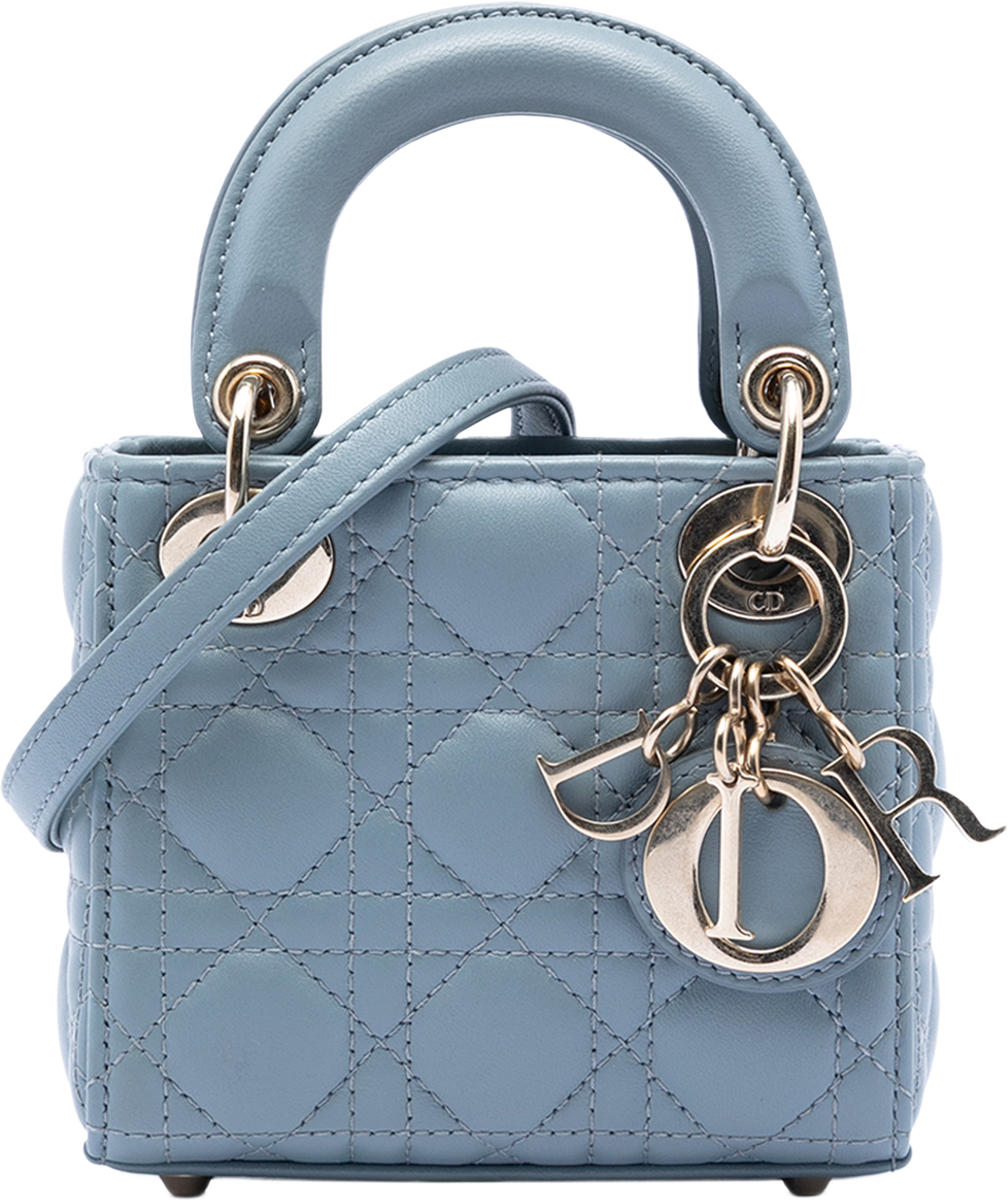 Dior Micro Lambskin Cannage Lady Dior, från Luxclusif, i färgen blå. Klicka för att öppna bilden i stort format