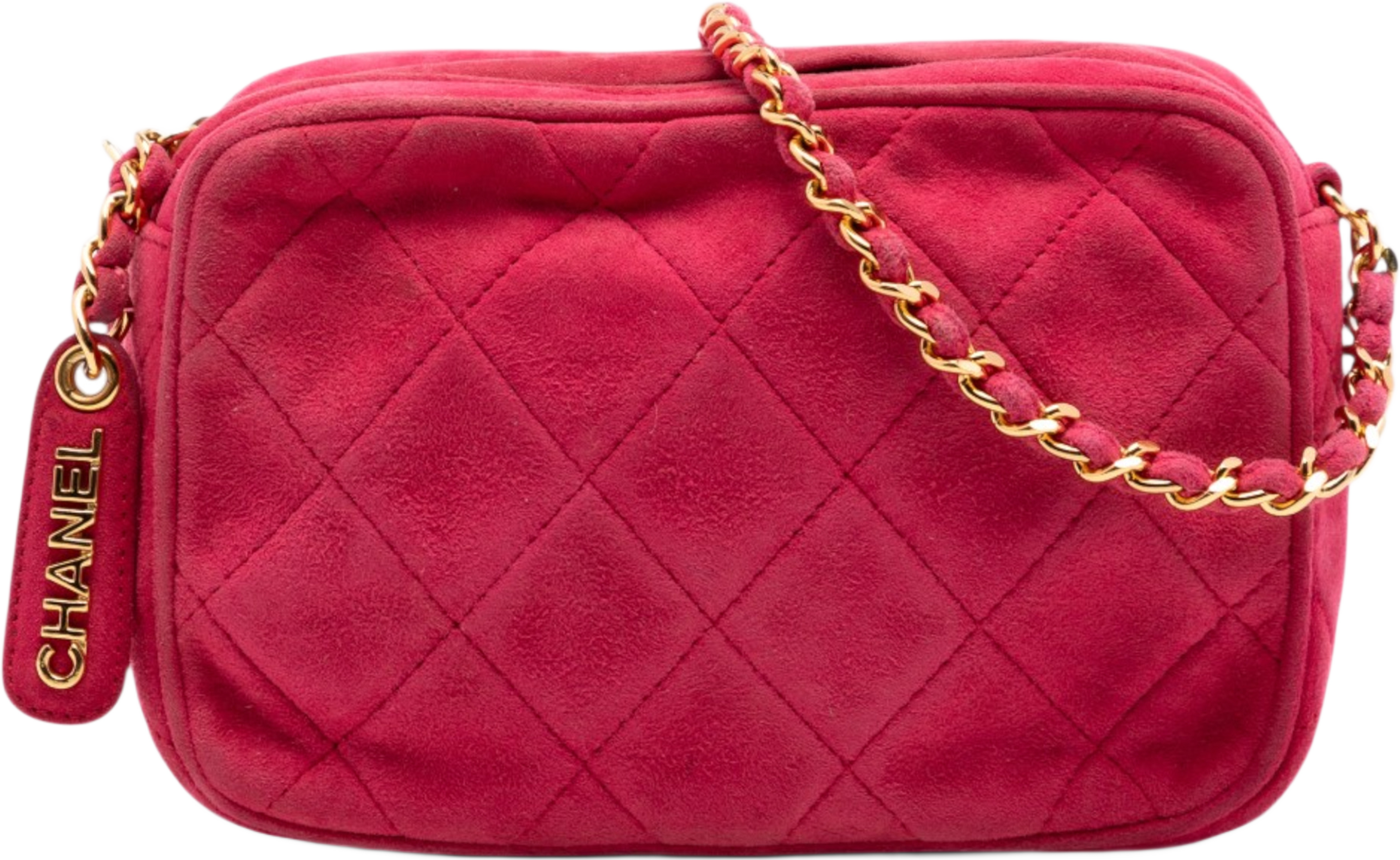 Chanel Cc Quilted Suede Camera Bag, från Luxclusif, i färgen röd. Klicka för att öppna bilden i stort format