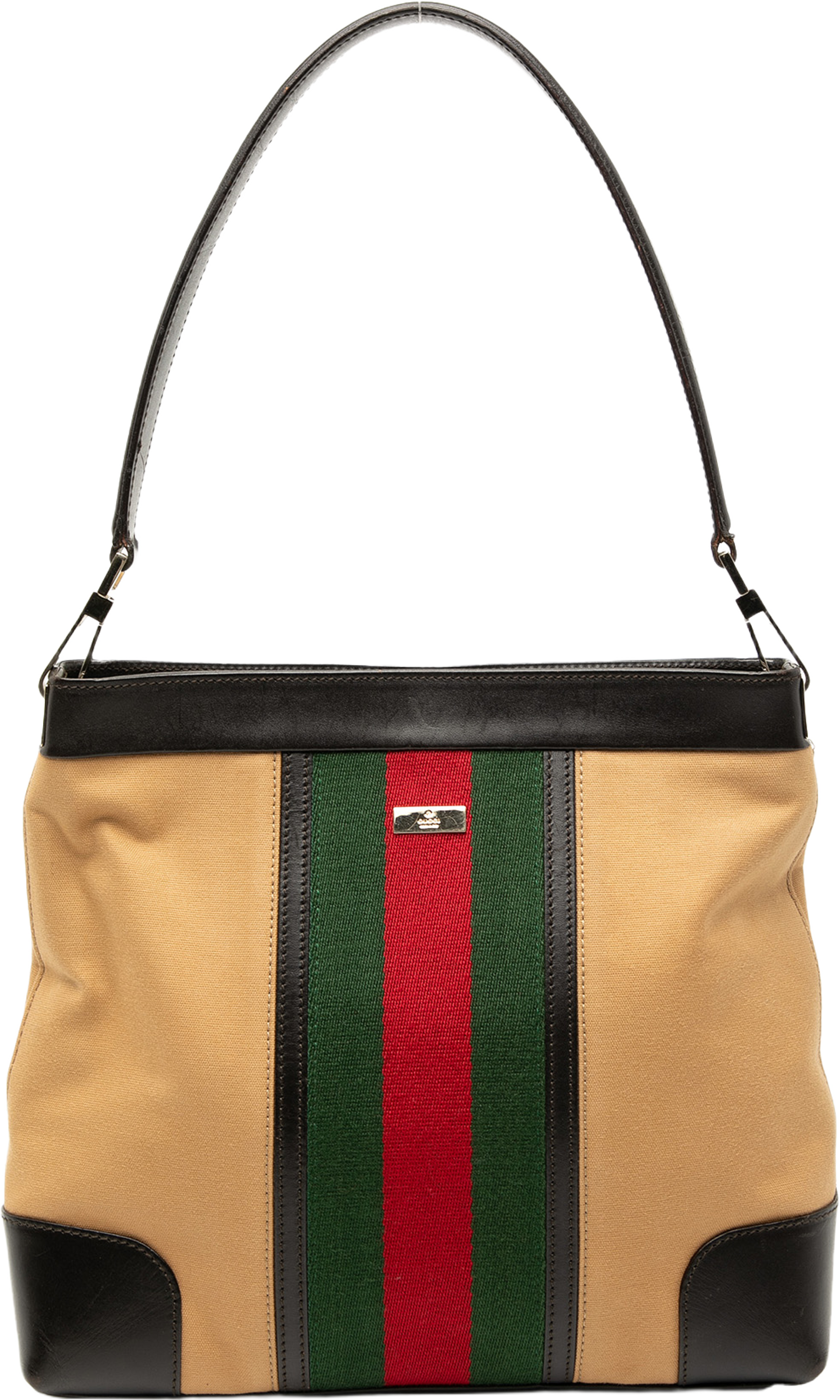 Gucci Canvas Web Shoulder Bag, från Luxclusif, i färgen light brown. Klicka för att öppna bilden i stort format