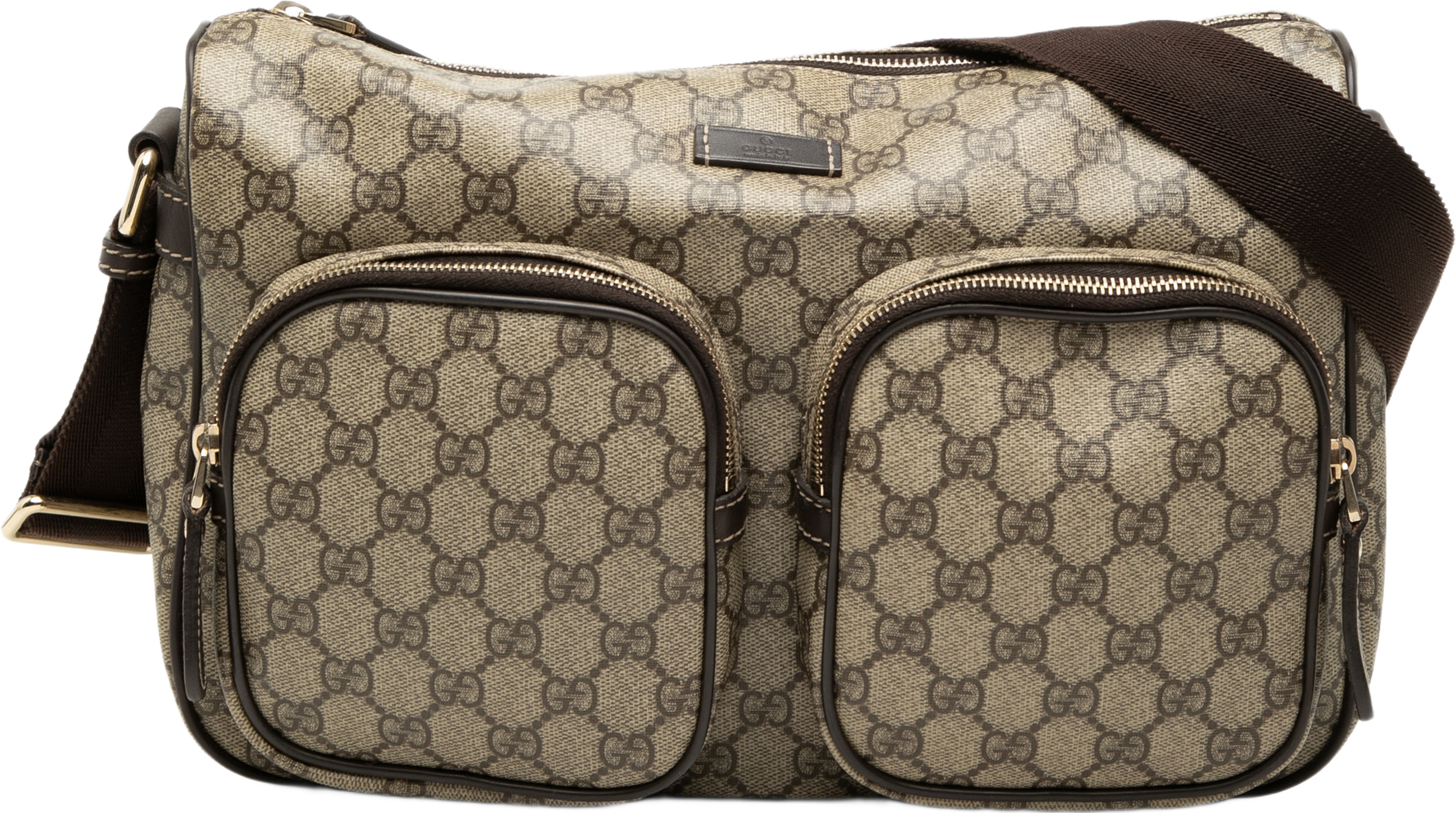Gucci Gg Supreme Double Pocket Crossbody, från Luxclusif, i färgen beige. Klicka för att öppna bilden i stort format