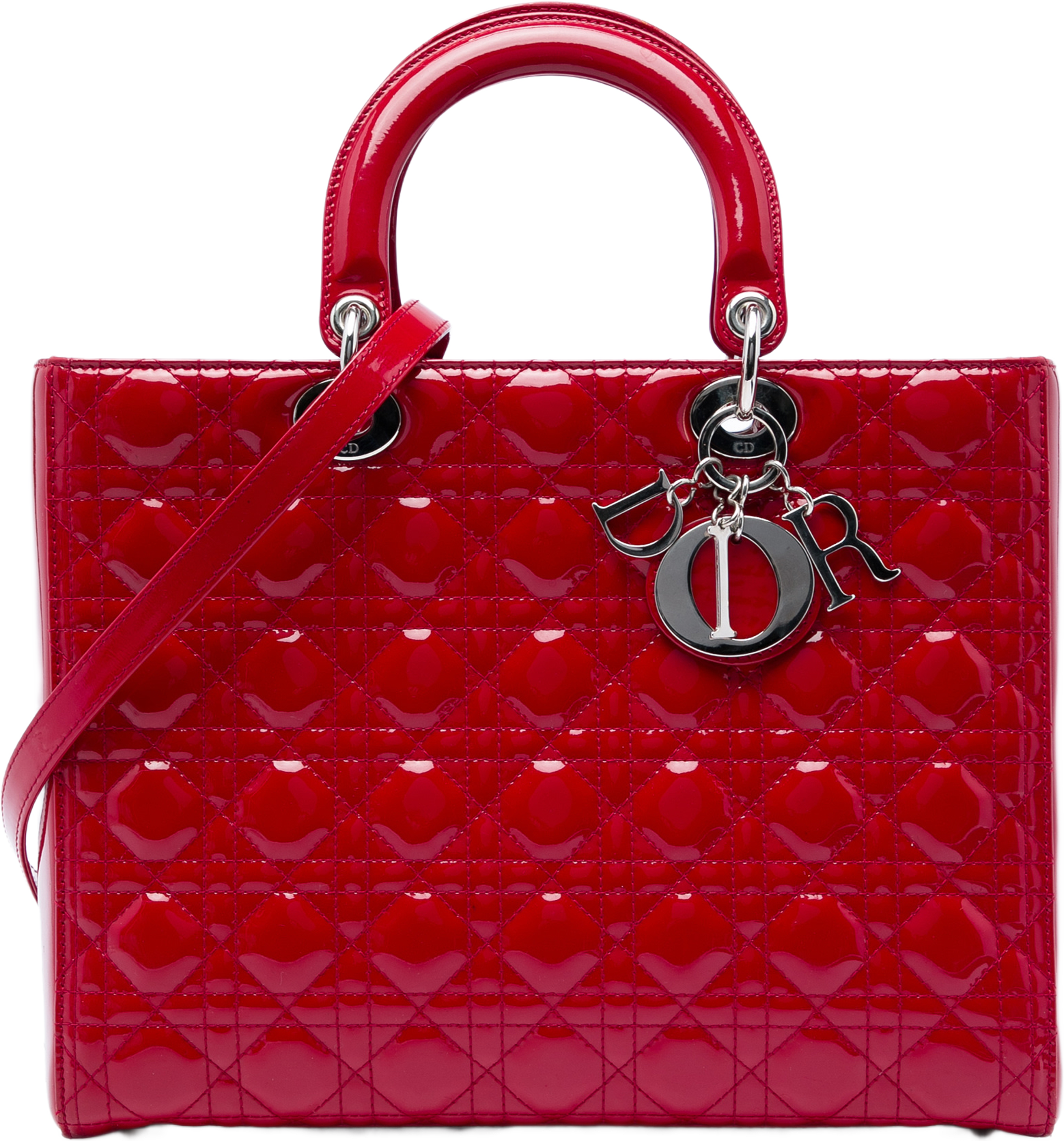 Dior Large Patent Cannage Lady Dior, från Luxclusif, i färgen röd. Klicka för att öppna bilden i stort format