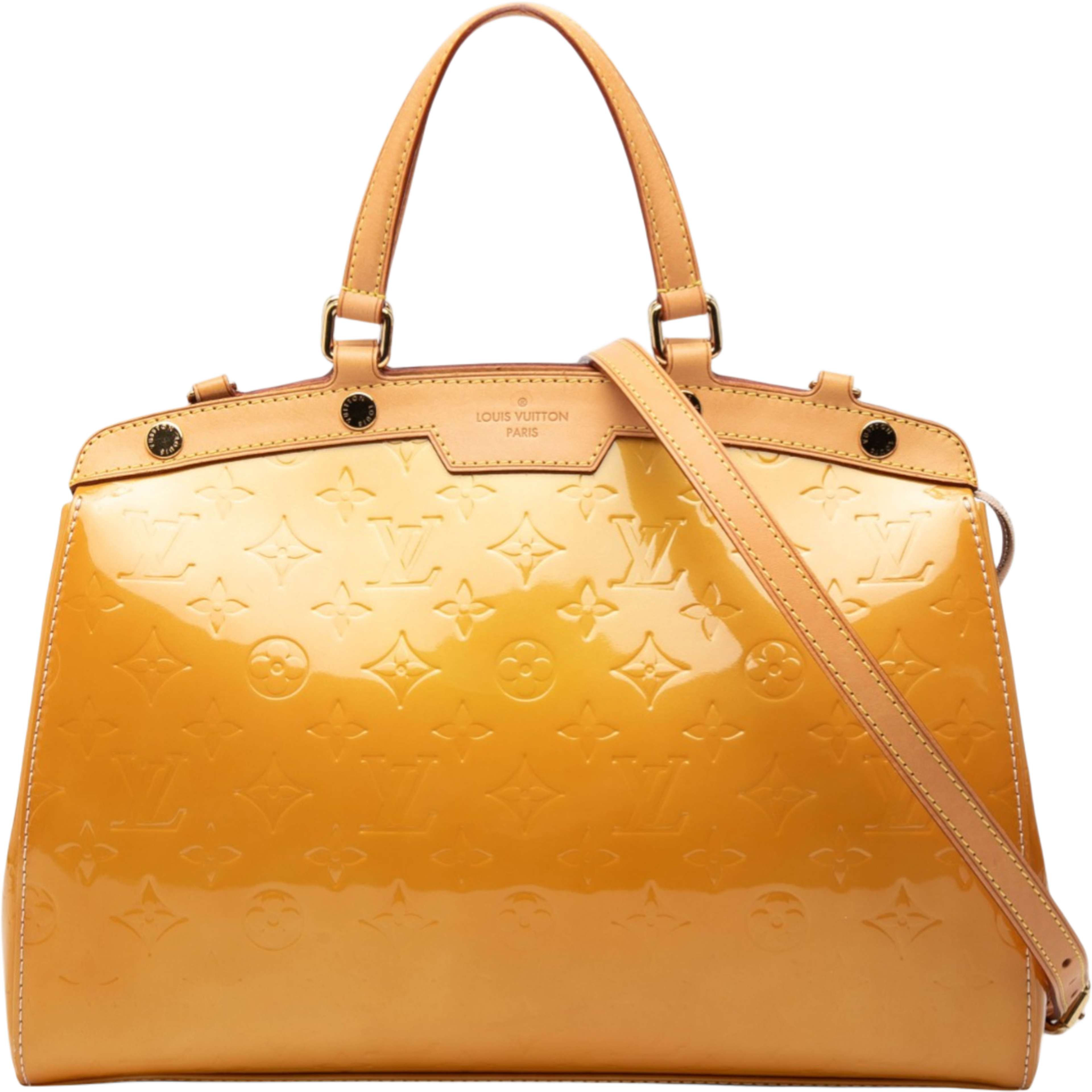 Louis Vuitton Monogram Vernis Brea Mm, från Luxclusif, i färgen mustard. Klicka för att öppna bilden i stort format