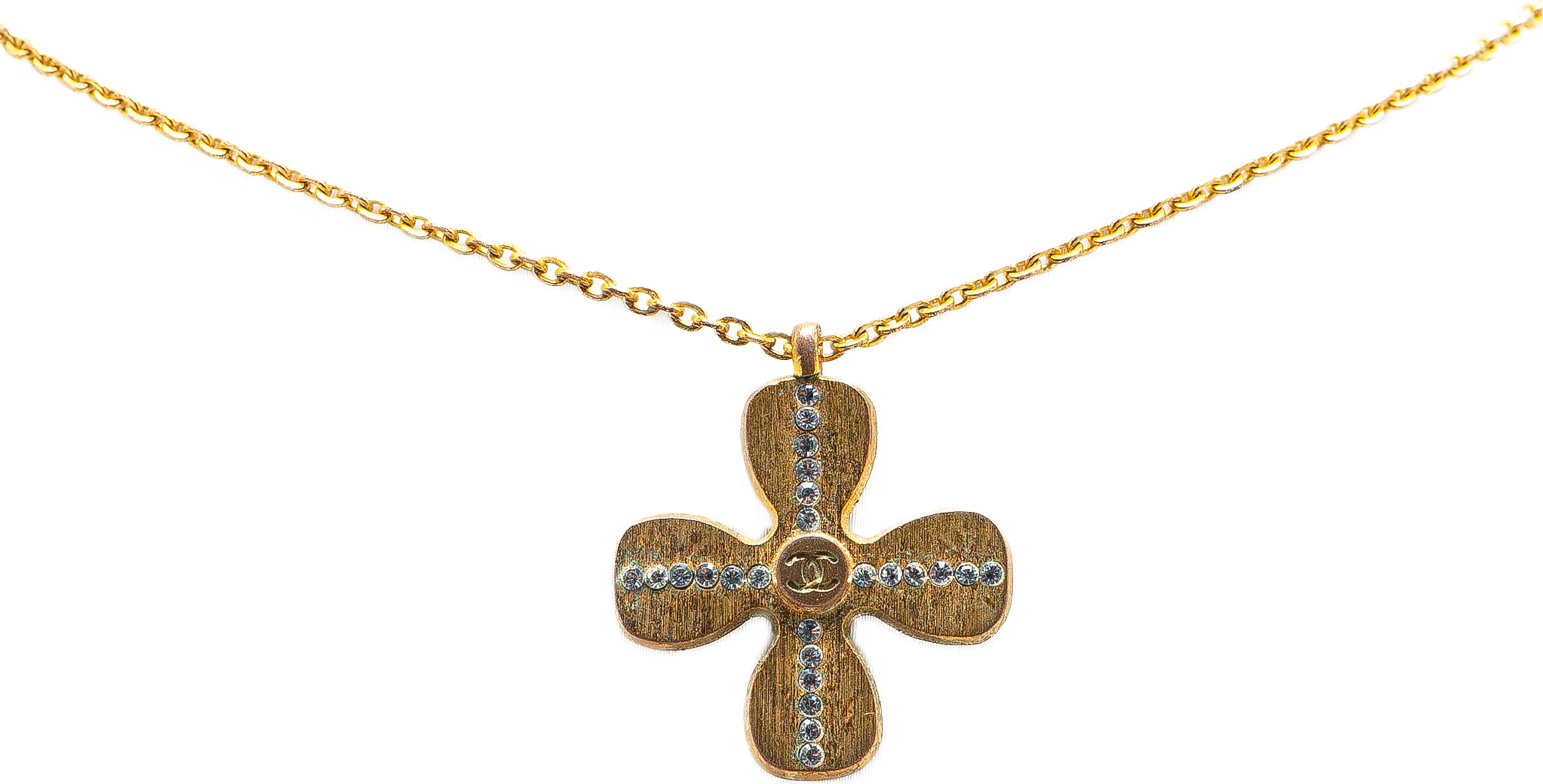 Chanel Gold Plated Rhinestones Clover Pendant Necklace